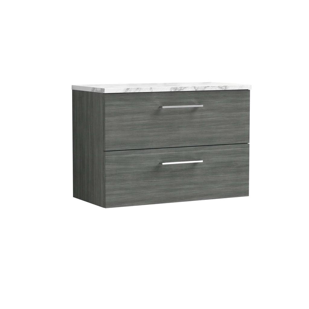 Stylish grey bathroom vanity with a white marble countertop and modern handles, perfect for contemporary bathroom storage solutions.