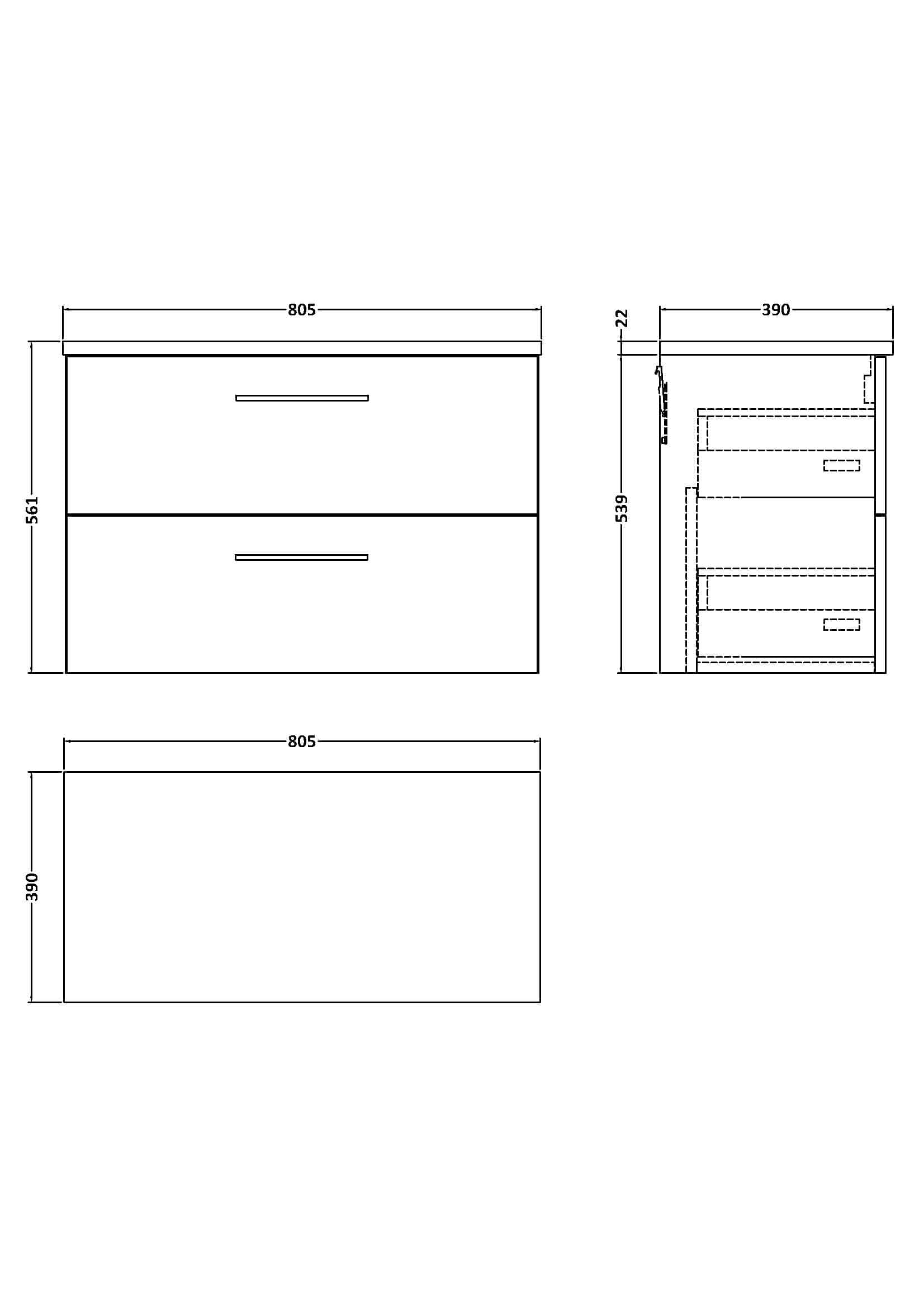 Contemporary bathroom vanity unit with sleek design, double drawers, and modern handles, perfect for stylish baths. Dimensions: 805mm wide, 561mm high, 390mm deep, ideal for bathroom storage solutions.