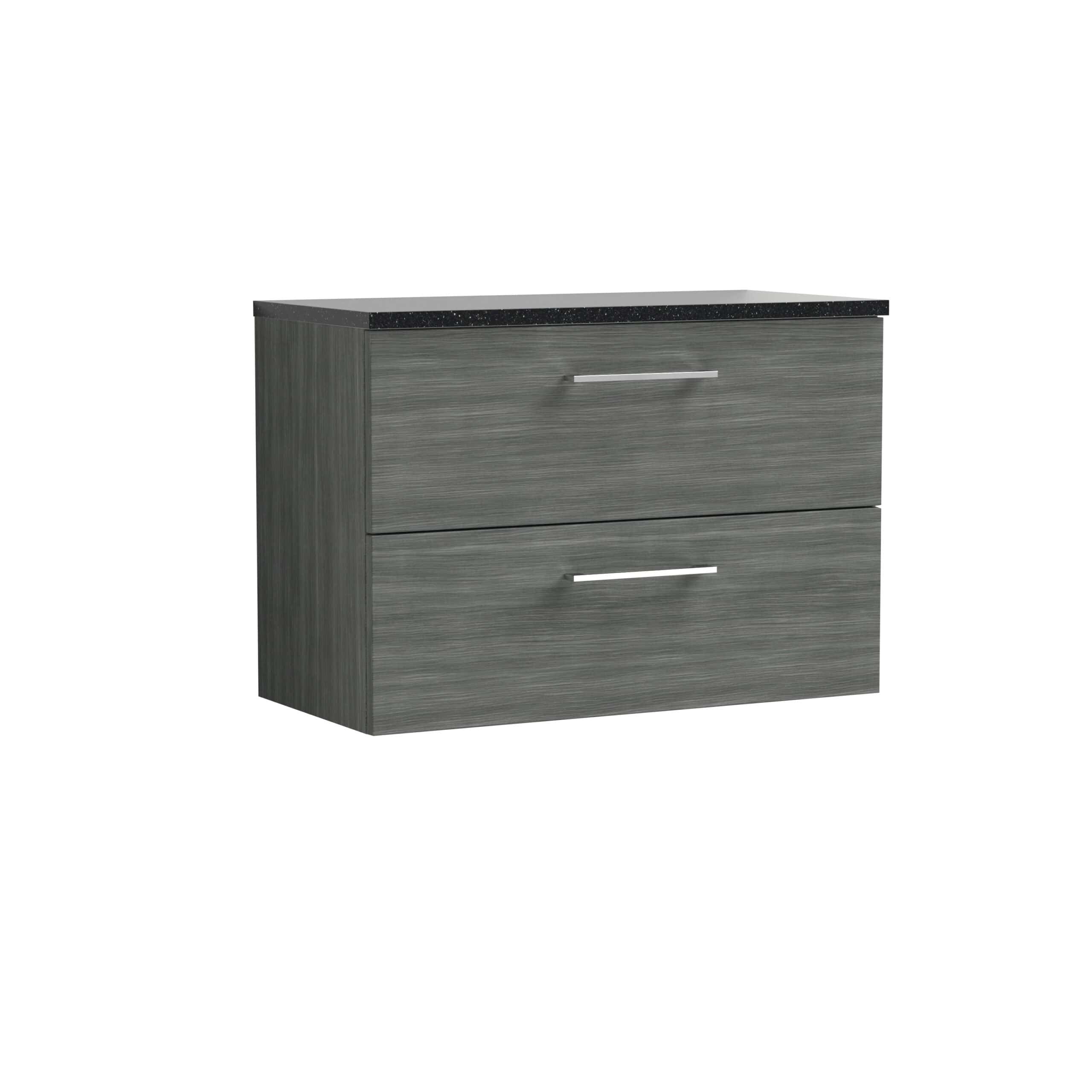 Stylish grey bathroom vanity with a black granite countertop and sleek modern handles, perfect for contemporary bathroom remodels and storage solutions.