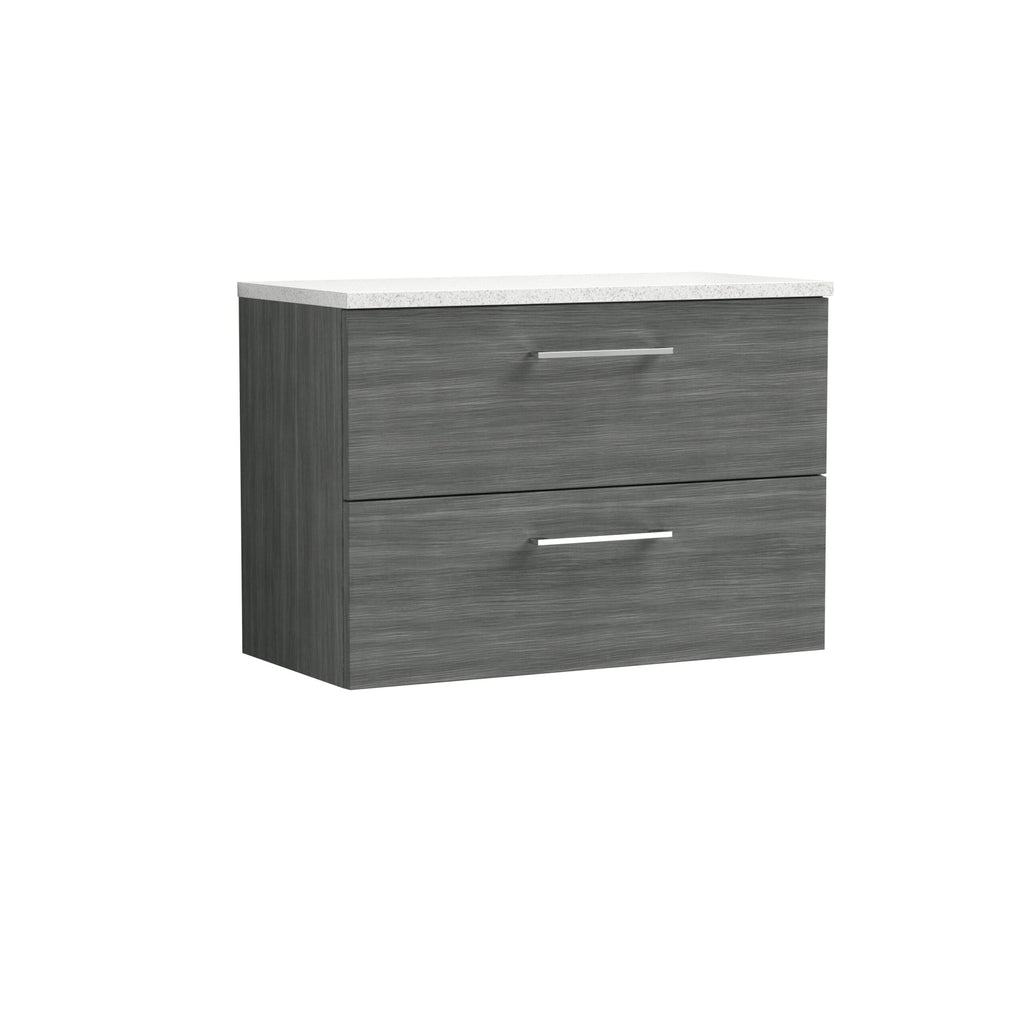 Modern grey bathroom vanity unit with a white countertop, featuring two spacious drawers with sleek metal handles, designed for contemporary bathroom storage solutions.