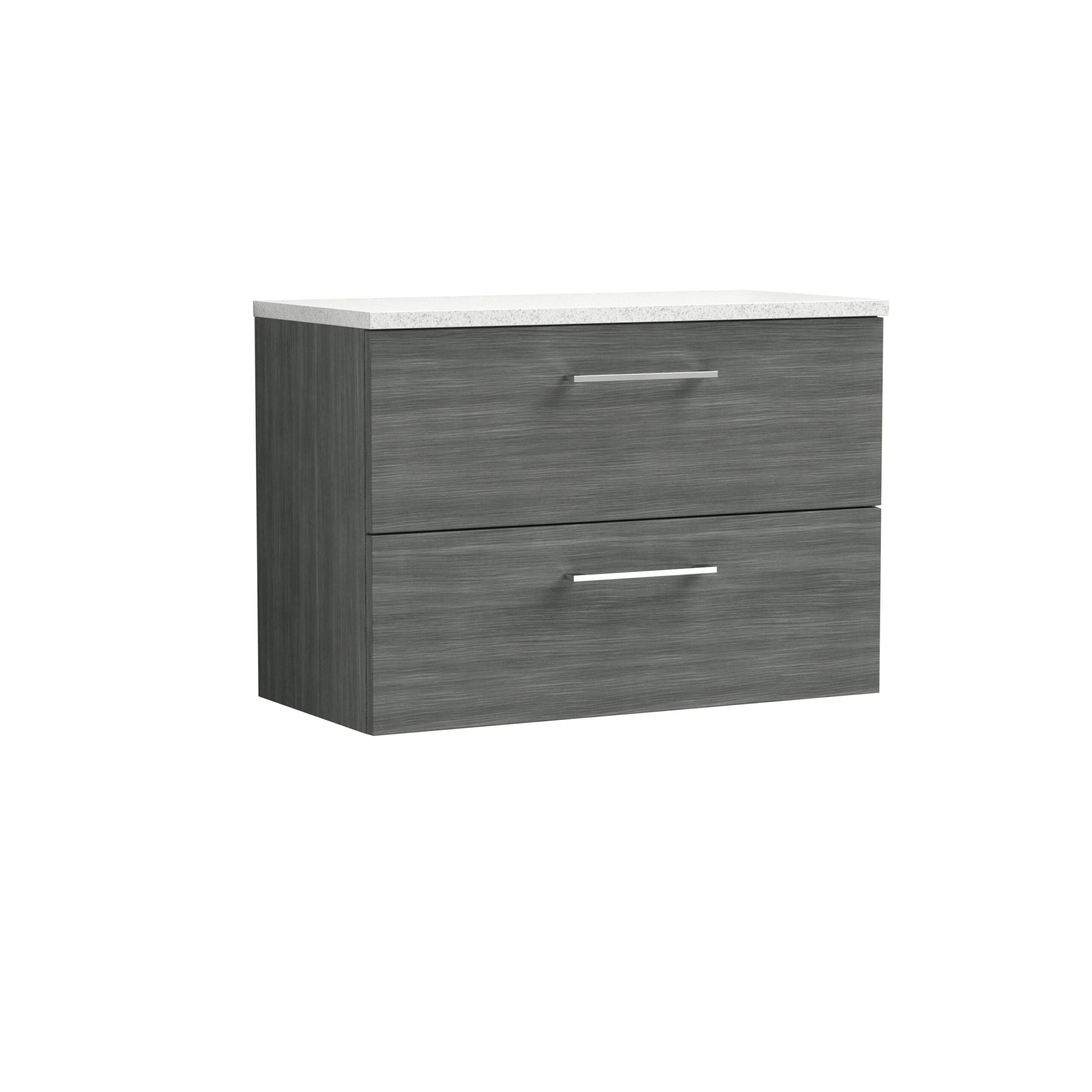 Modern grey bathroom vanity unit with a white countertop, featuring two spacious drawers with sleek metal handles, designed for contemporary bathroom storage solutions.
