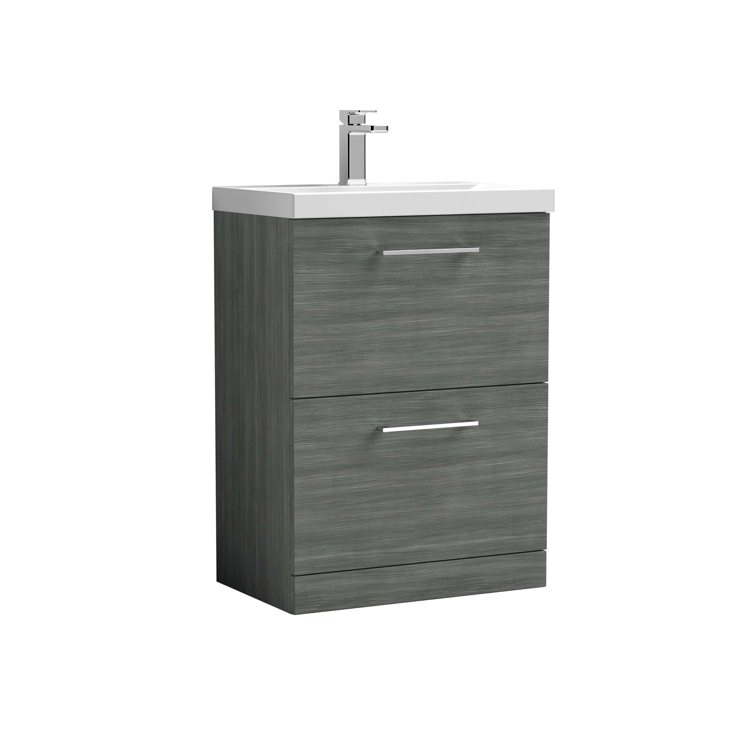 Sleek grey bathroom vanity with integrated sink and modern chrome faucet, perfect for contemporary bathroom decor and convenient storage solutions.