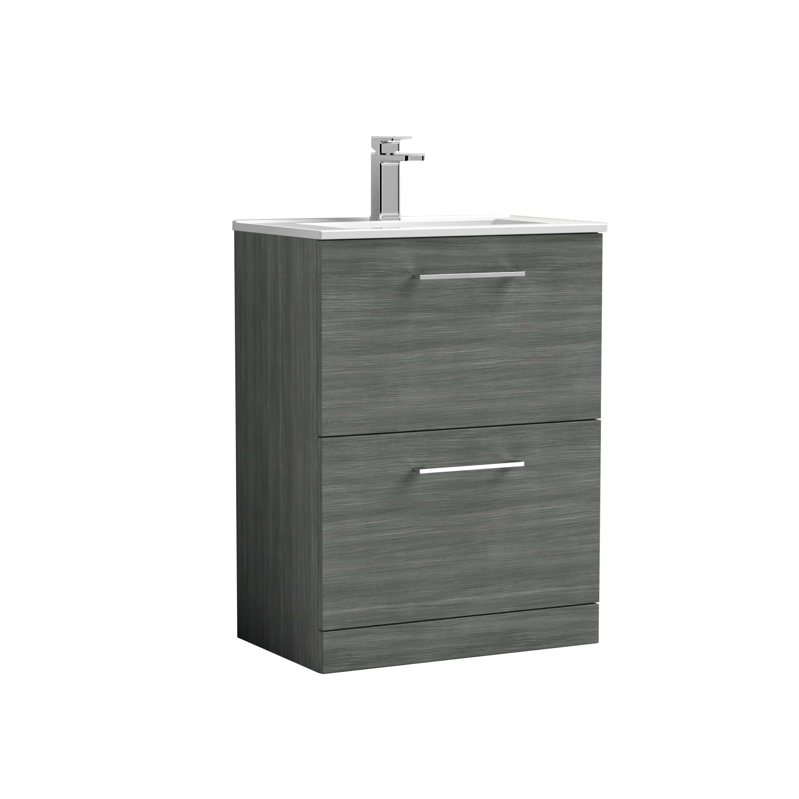 Modern grey bathroom vanity unit with integrated sink and chrome handle, ideal for contemporary bathroom design. Perfect for storage and style in bathroom renovations.