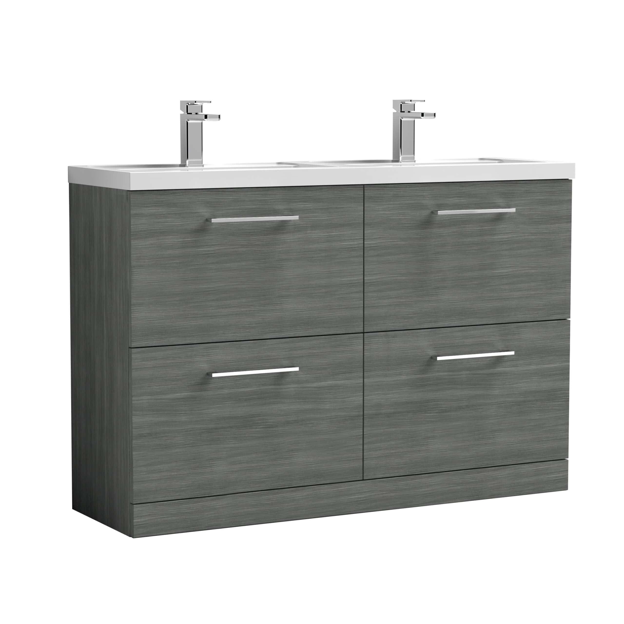 Modern grey bathroom vanity unit with dual sinks and chrome handles, ideal for contemporary bathrooms, offering stylish storage for bathroom essentials.