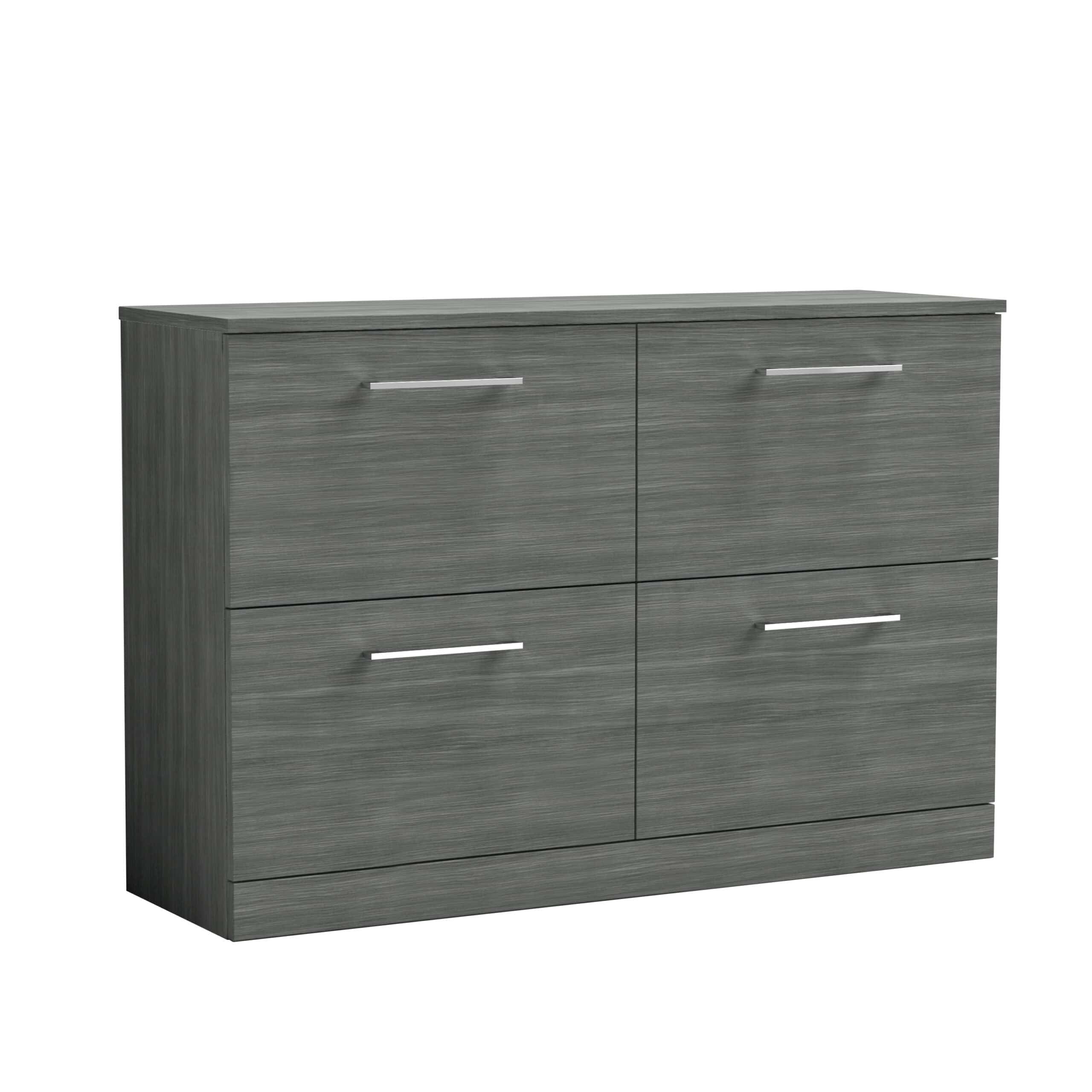 Sleek grey bathroom storage cabinet with four drawers featuring modern silver handles, perfect for organising toiletries and bathroom essentials in contemporary bathrooms.