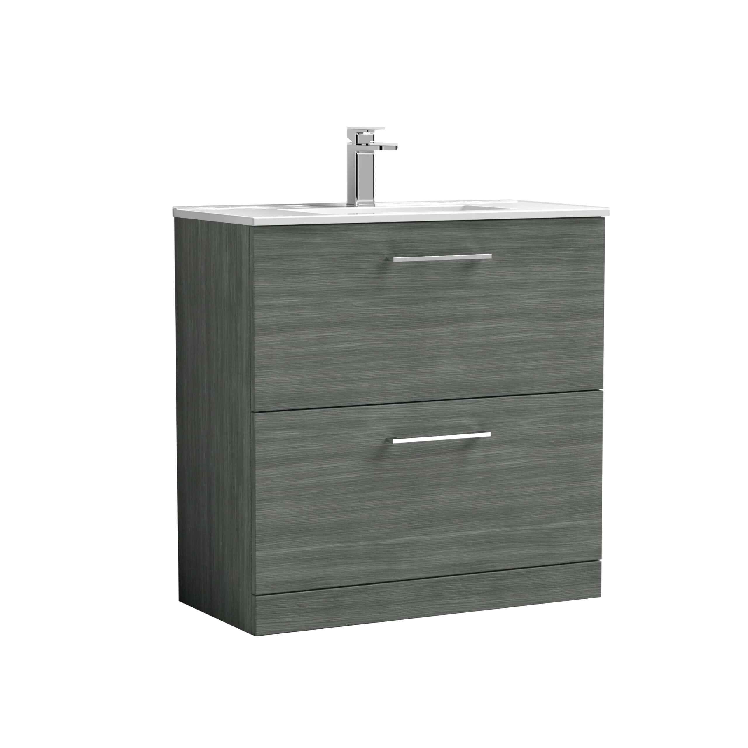 Modern grey bathroom vanity with integrated sink and chrome handle taps, ideal for contemporary bathroom designs and storage.