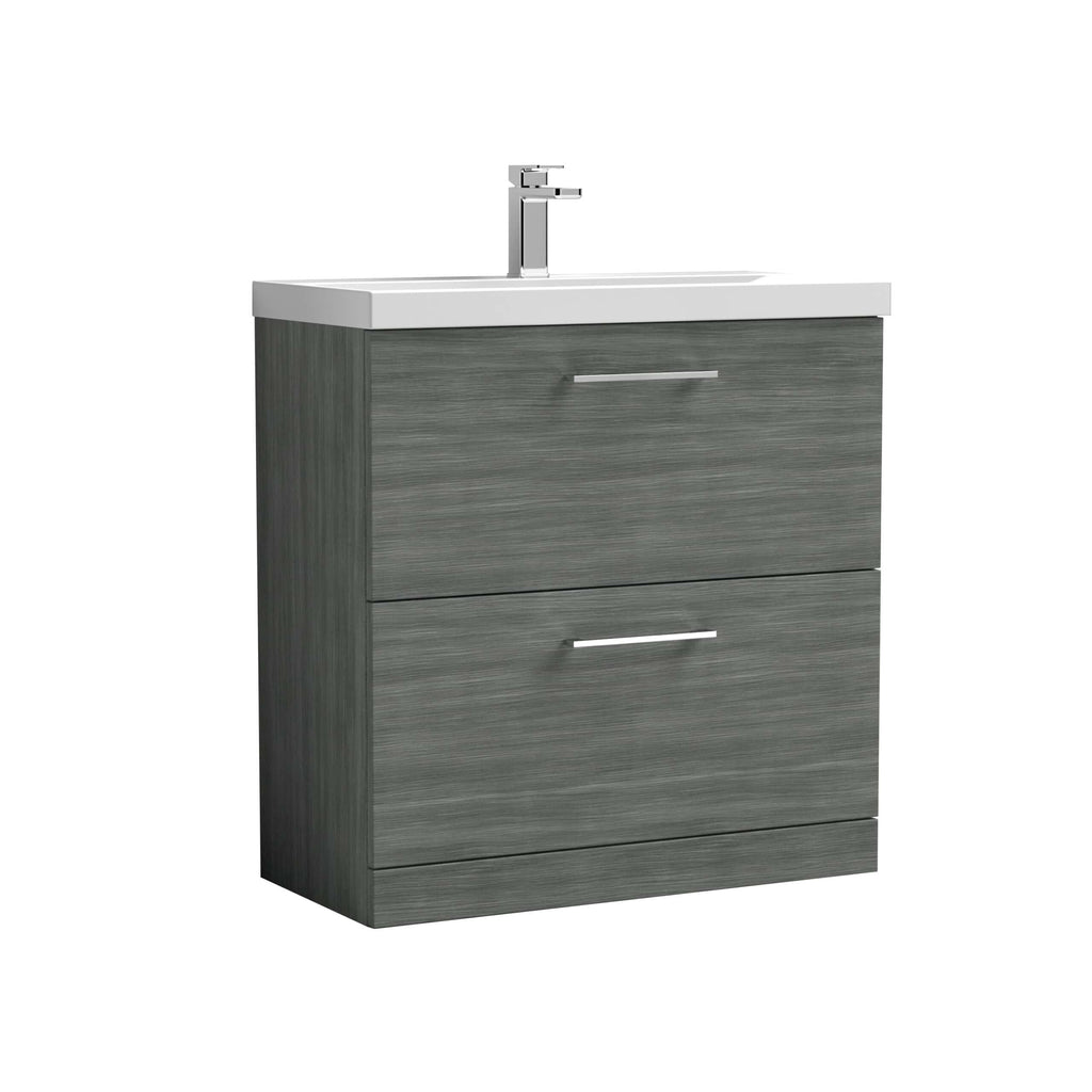 Modern grey bathroom vanity unit with integrated sink, sleek chrome handles, and contemporary design perfect for stylish bathroom remodels and practical storage solutions.