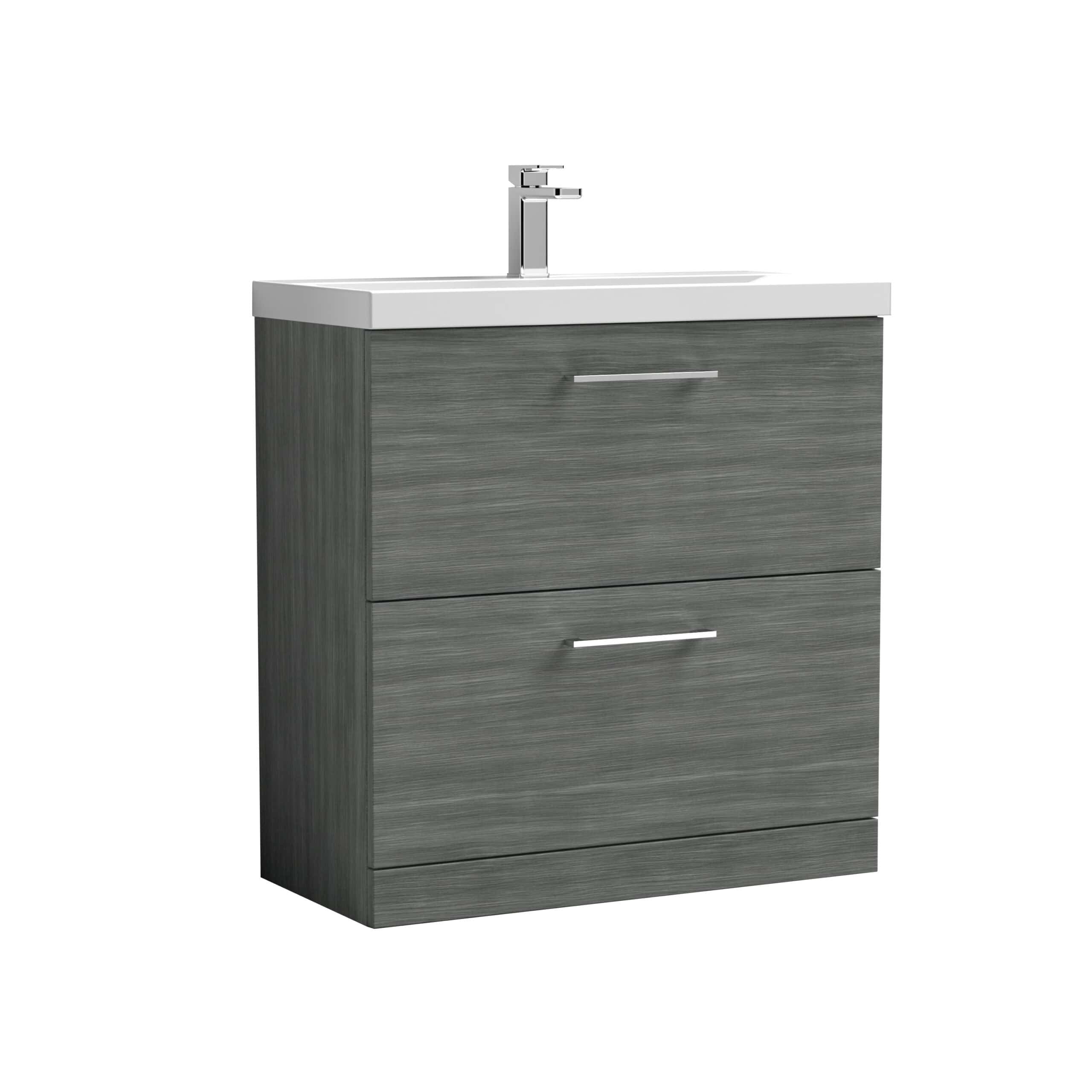 Modern grey bathroom vanity unit with integrated sink, sleek chrome handles, and contemporary design perfect for stylish bathroom remodels and practical storage solutions.