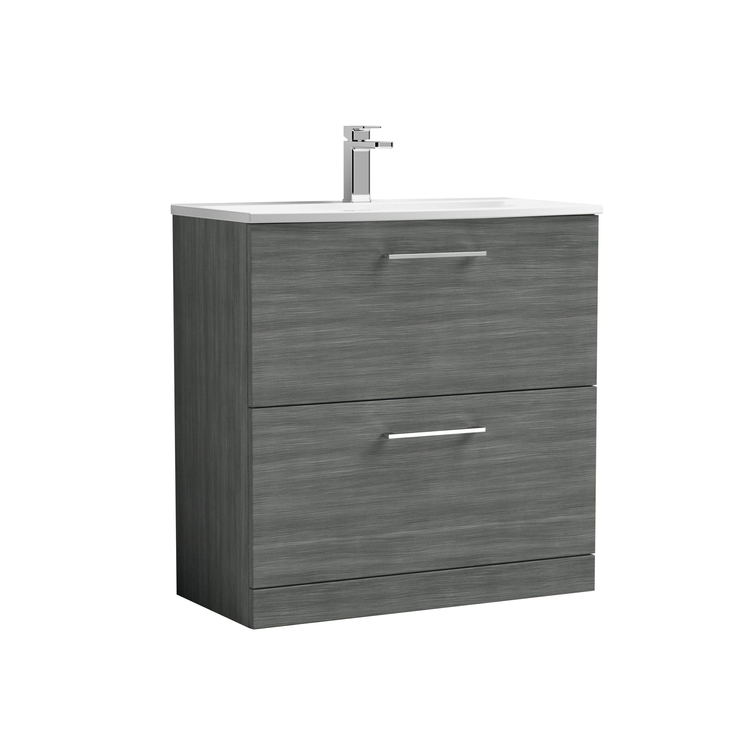 Contemporary grey bathroom vanity unit with integrated sink and chrome handle, ideal for modern bathrooms, offering stylish storage and sleek design.