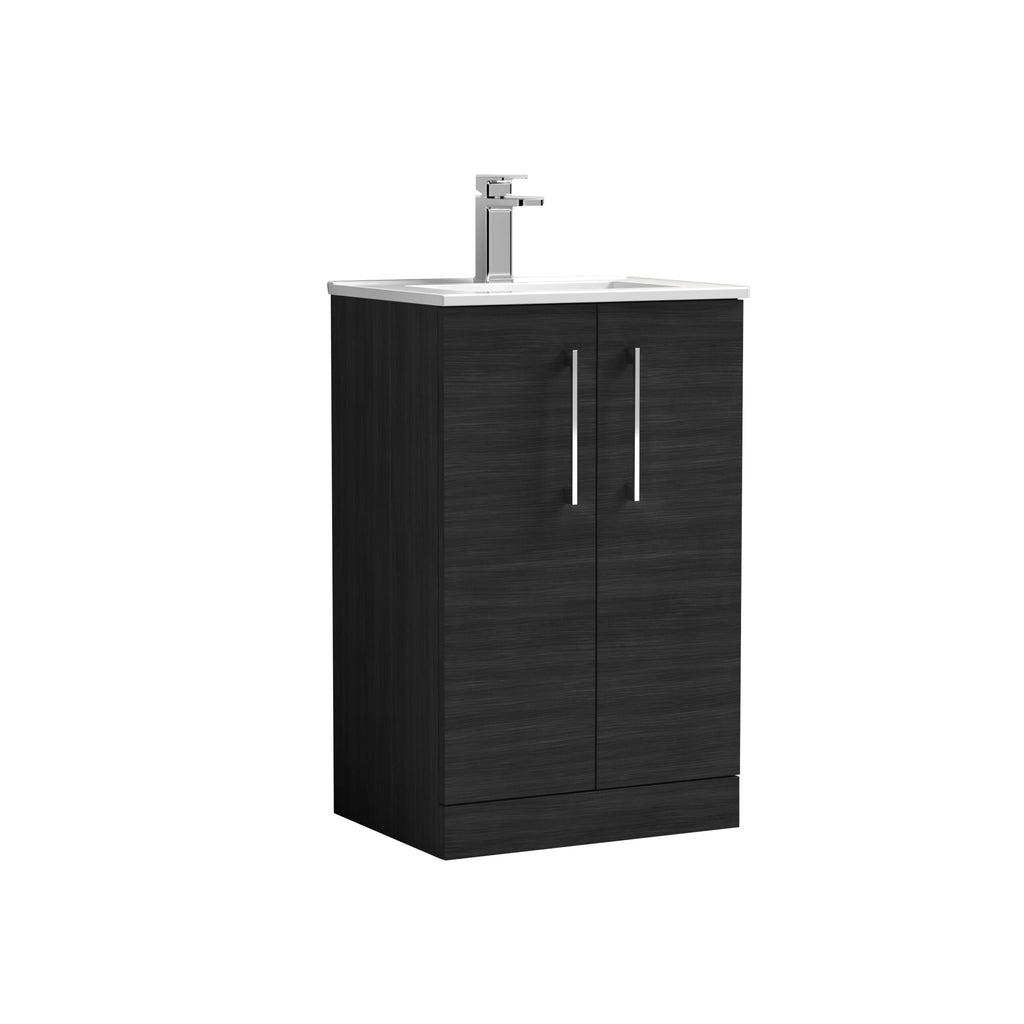 Modern black bathroom vanity unit with white ceramic sink and chrome tap, ideal for stylish bathrooms. Durable wooden cabinet with double doors for storage, perfect for contemporary bathroom design.