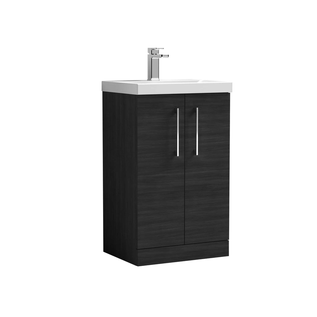 Modern black bathroom vanity with integrated sink and chrome faucet, ideal for contemporary bathroom designs. Durable wood finish with cupboard storage for bathroom essentials.
