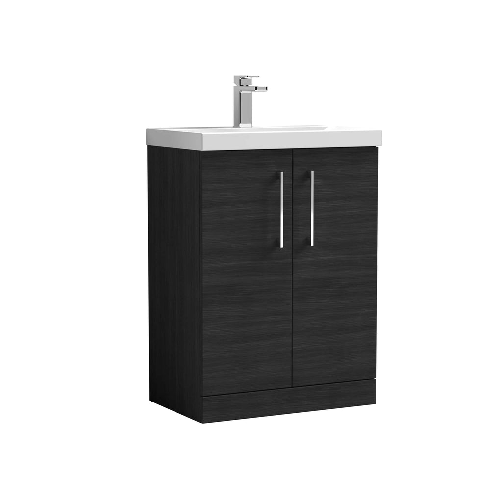 Modern black bathroom vanity with white ceramic sink and chrome faucet, ideal for contemporary bathroom design and storage solutions.