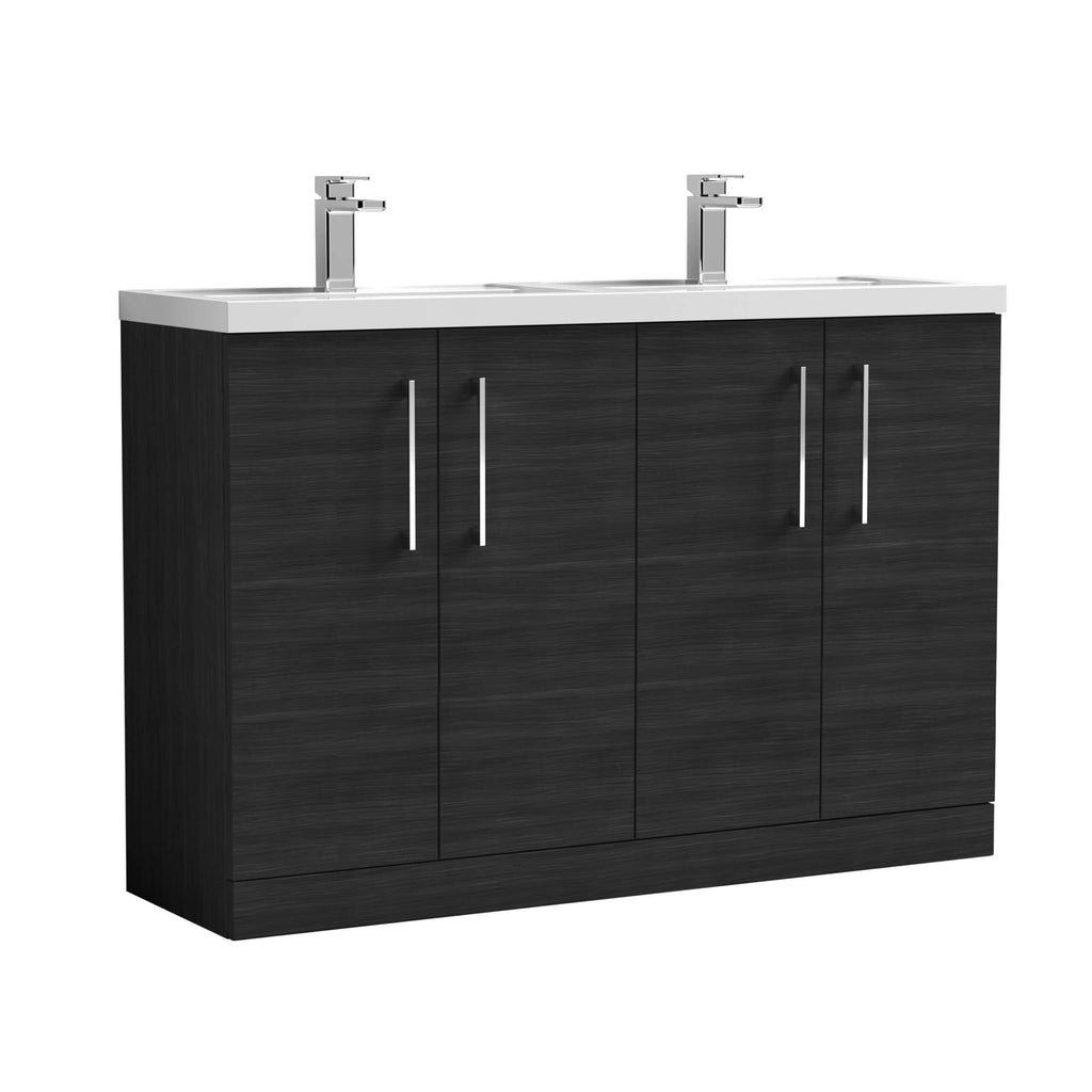 Modern black bathroom vanity with twin sinks and chrome handles, ideal for contemporary bathrooms, offering stylish storage and a sleek design.