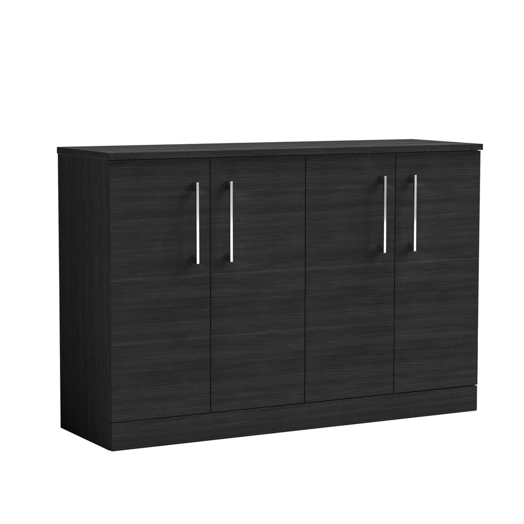 Sleek black bathroom cabinet with silver handles, ideal for modern bathroom storage solutions. Durable wood finish provides a contemporary look and ample space for bathroom essentials.