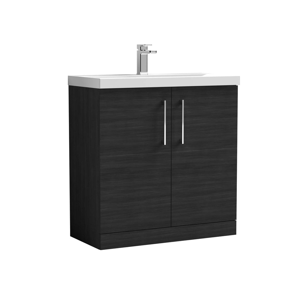 Modern black bathroom vanity unit with a white ceramic sink and chrome tap, ideal for contemporary bathrooms and enhancing space with stylish storage solutions.