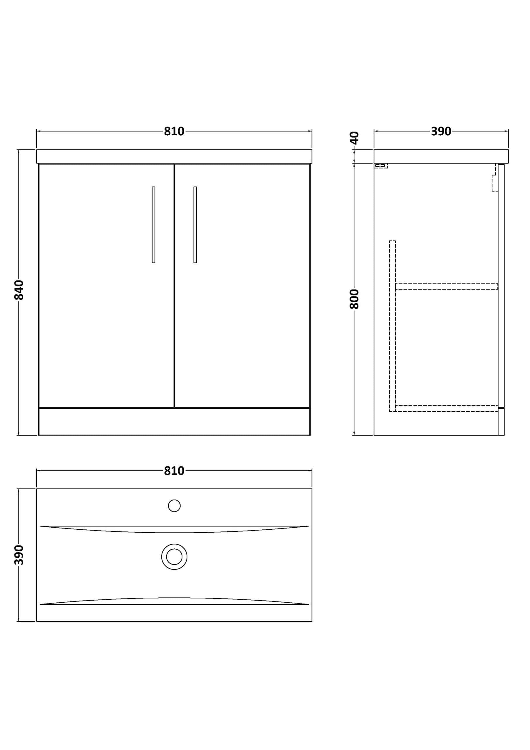 Sleek modern bathroom vanity with double doors, stylish handles, and detailed measurements for custom installation, perfect for contemporary bathroom renovations.