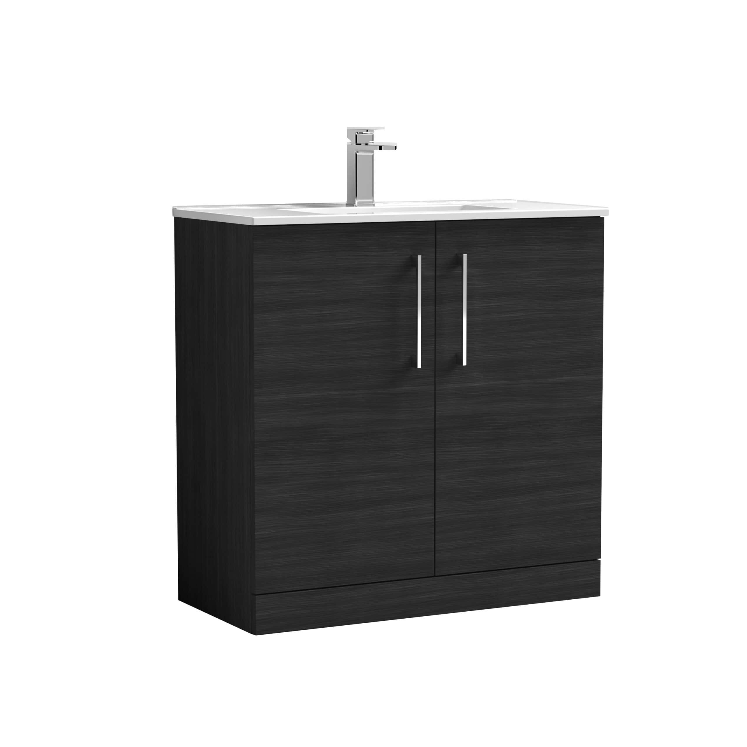 Modern black bathroom vanity with double cabinet doors and a white countertop with integrated sink, featuring chrome handles and a contemporary chrome faucet, ideal for stylish bathroom designs.