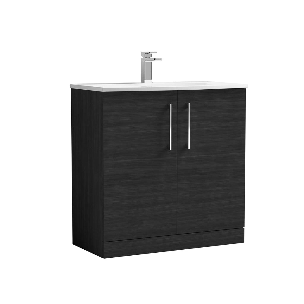 Sleek black bathroom vanity with a built-in sink and modern chrome handles, ideal for contemporary bathroom designs and space-saving solutions.