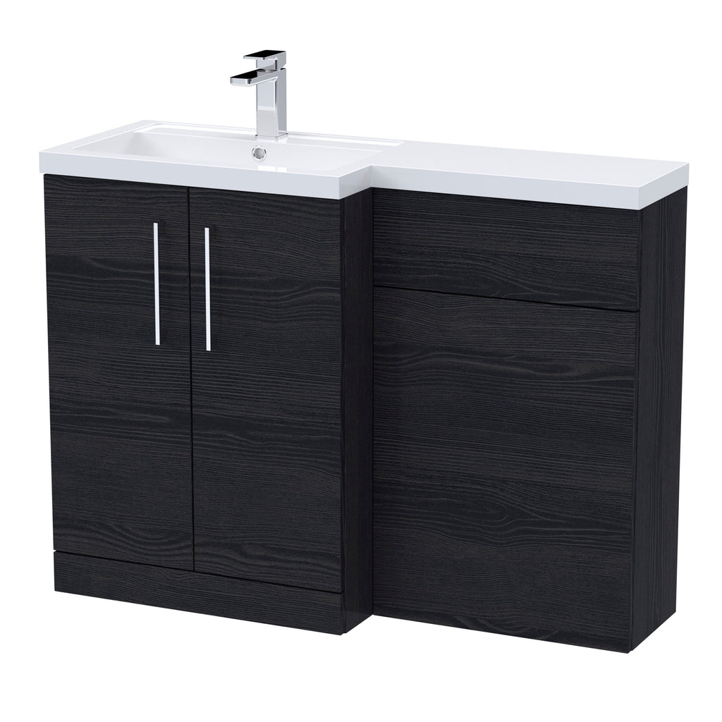 Sleek black bathroom vanity unit with integrated sink and modern chrome tap, ideal for contemporary bathroom design and storage solutions.