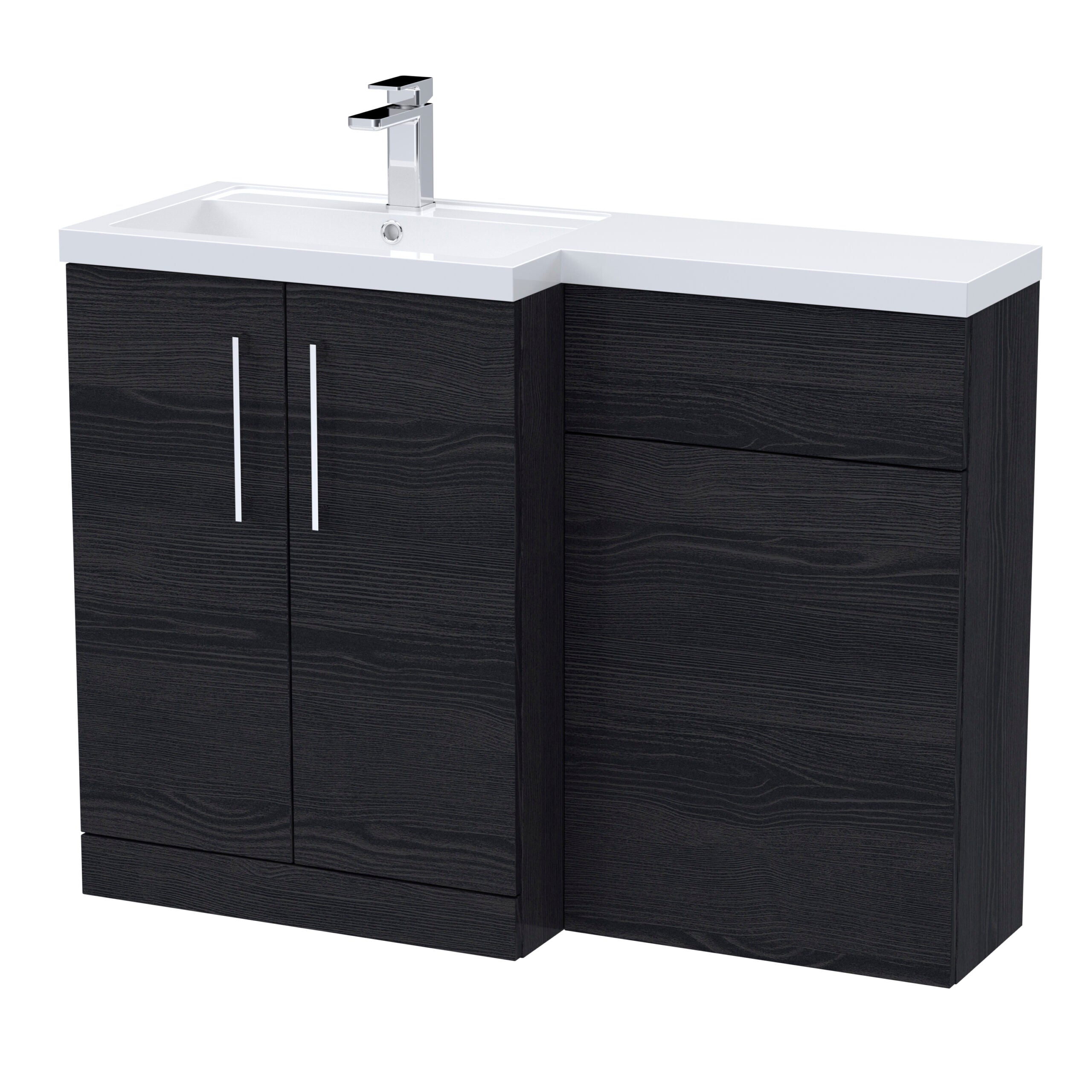 Sleek black bathroom vanity unit with integrated sink and modern chrome tap, ideal for contemporary bathroom design and storage solutions.