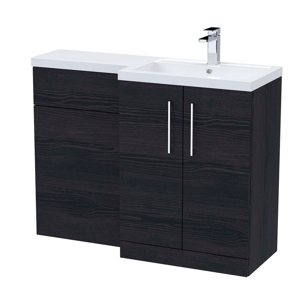 Sleek black bathroom vanity with white countertop and integrated sink, featuring modern chrome tap and storage cabinets, perfect for contemporary bathroom designs.