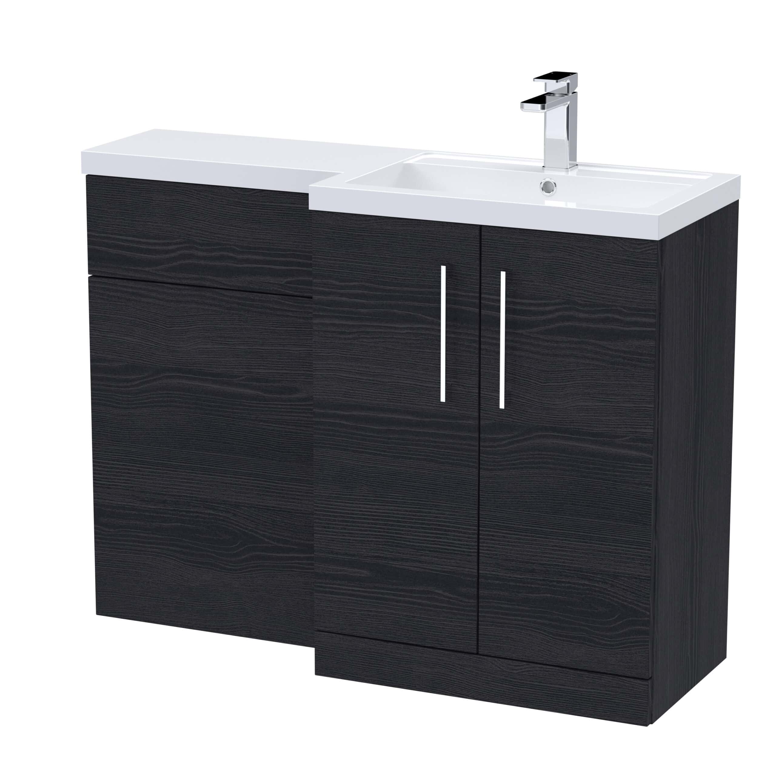 Sleek black bathroom vanity with white countertop and integrated sink, featuring modern chrome tap and storage cabinets, perfect for contemporary bathroom designs.