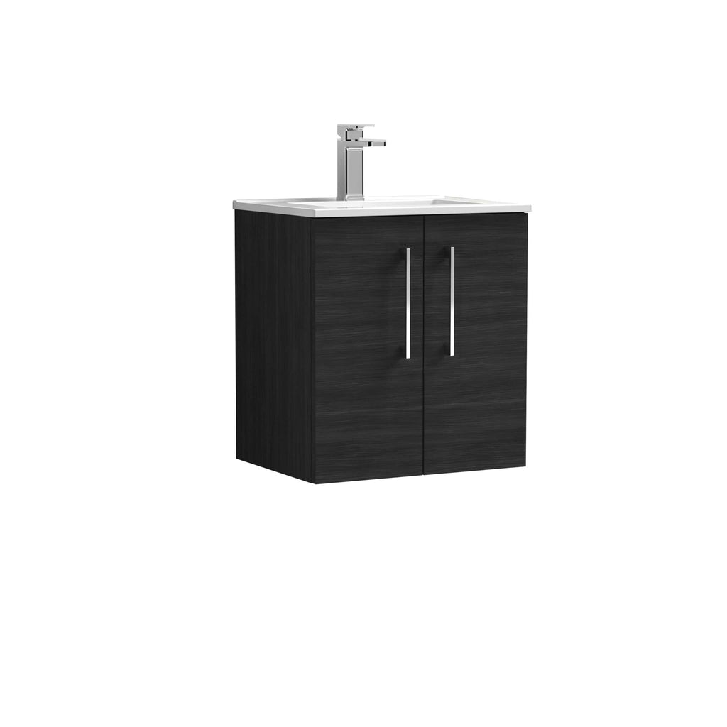 Modern black bathroom vanity with a white sink and chrome tap, ideal for contemporary bathroom decor. Compact and stylish storage solution for small bathrooms or en-suites.