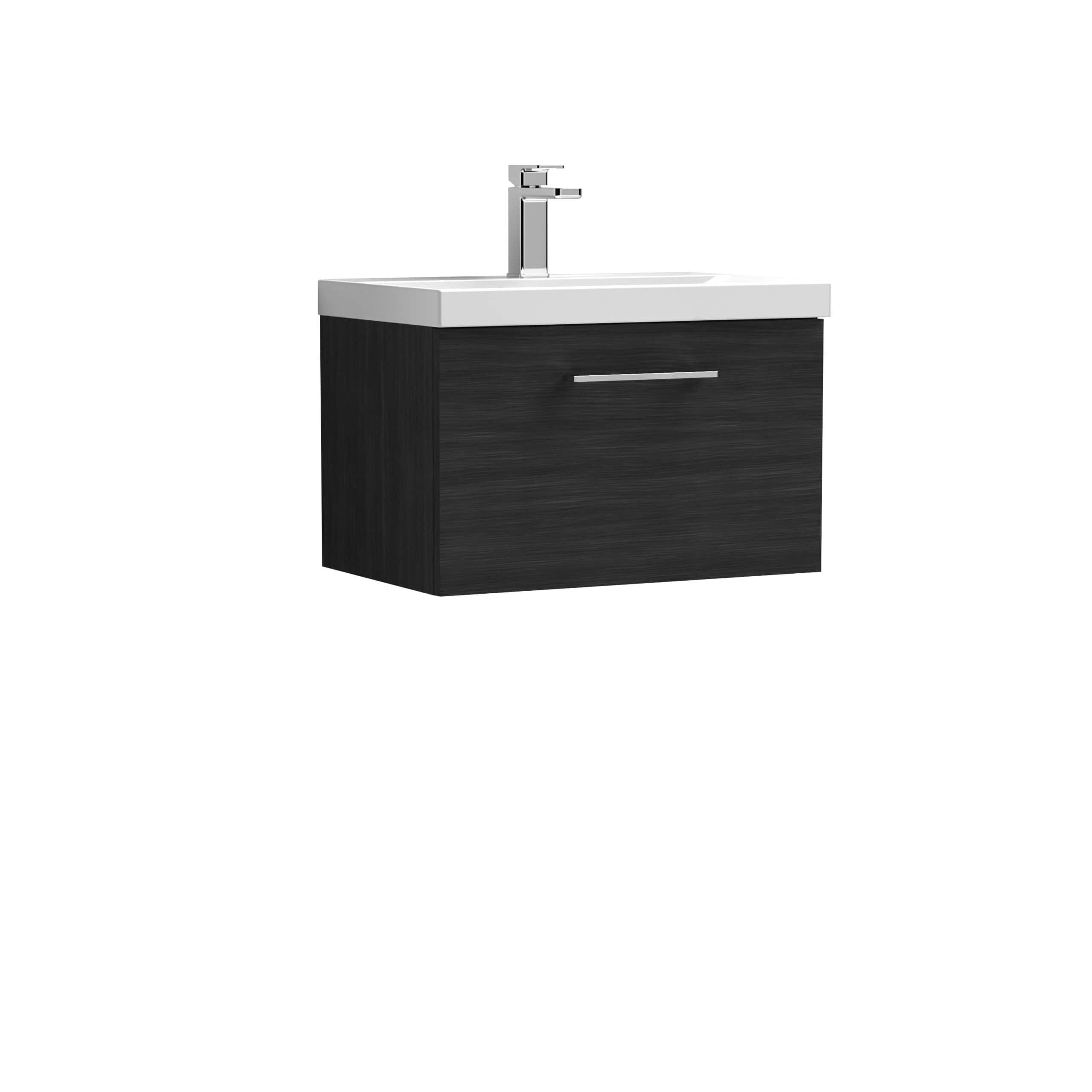 Modern black bathroom vanity unit with integrated sink and chrome faucet, ideal for contemporary bathroom designs, offering storage and sleek aesthetics.