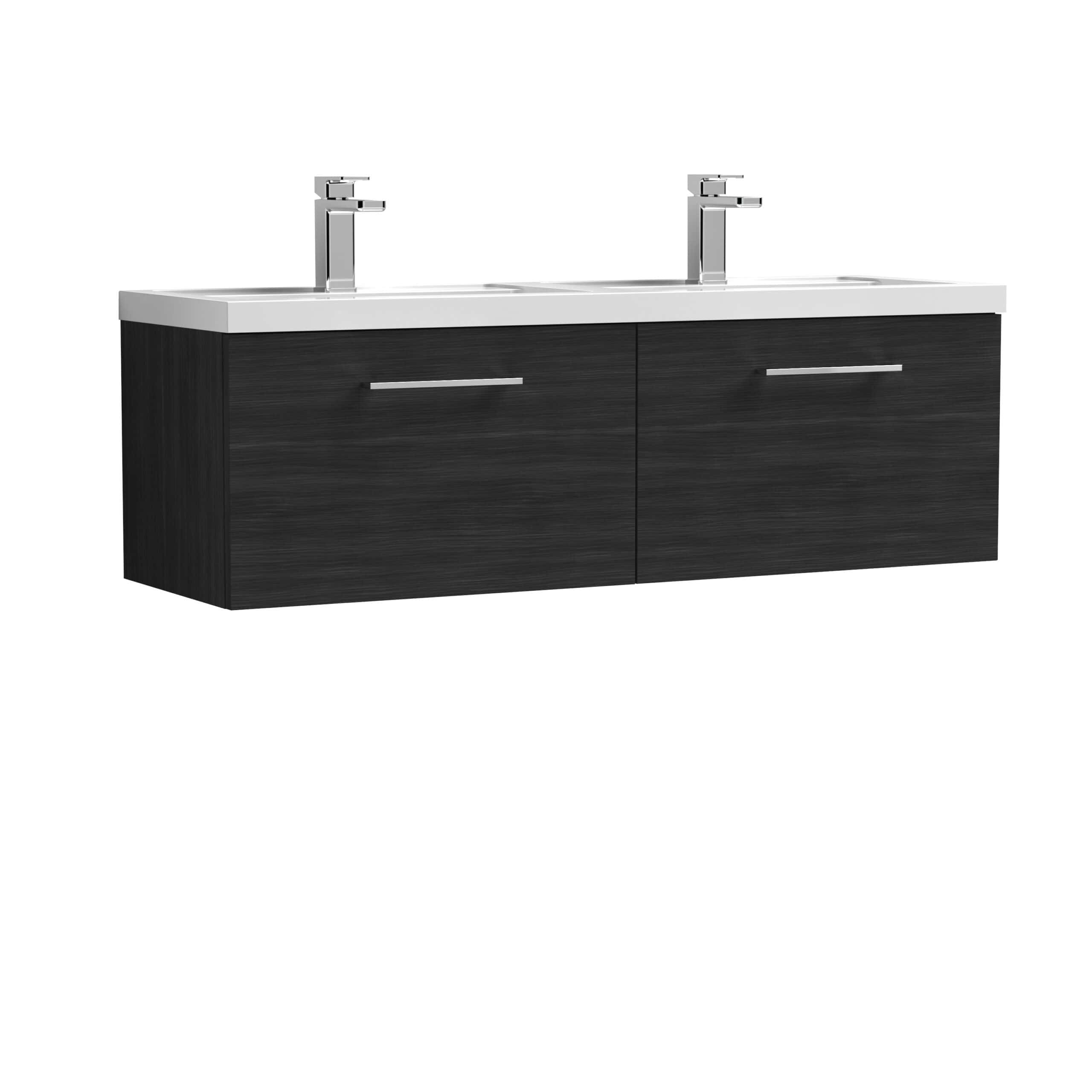 Contemporary double bathroom vanity unit with dual sinks, black wood finish and modern chrome handles, ideal for stylish and functional bathroom designs.
