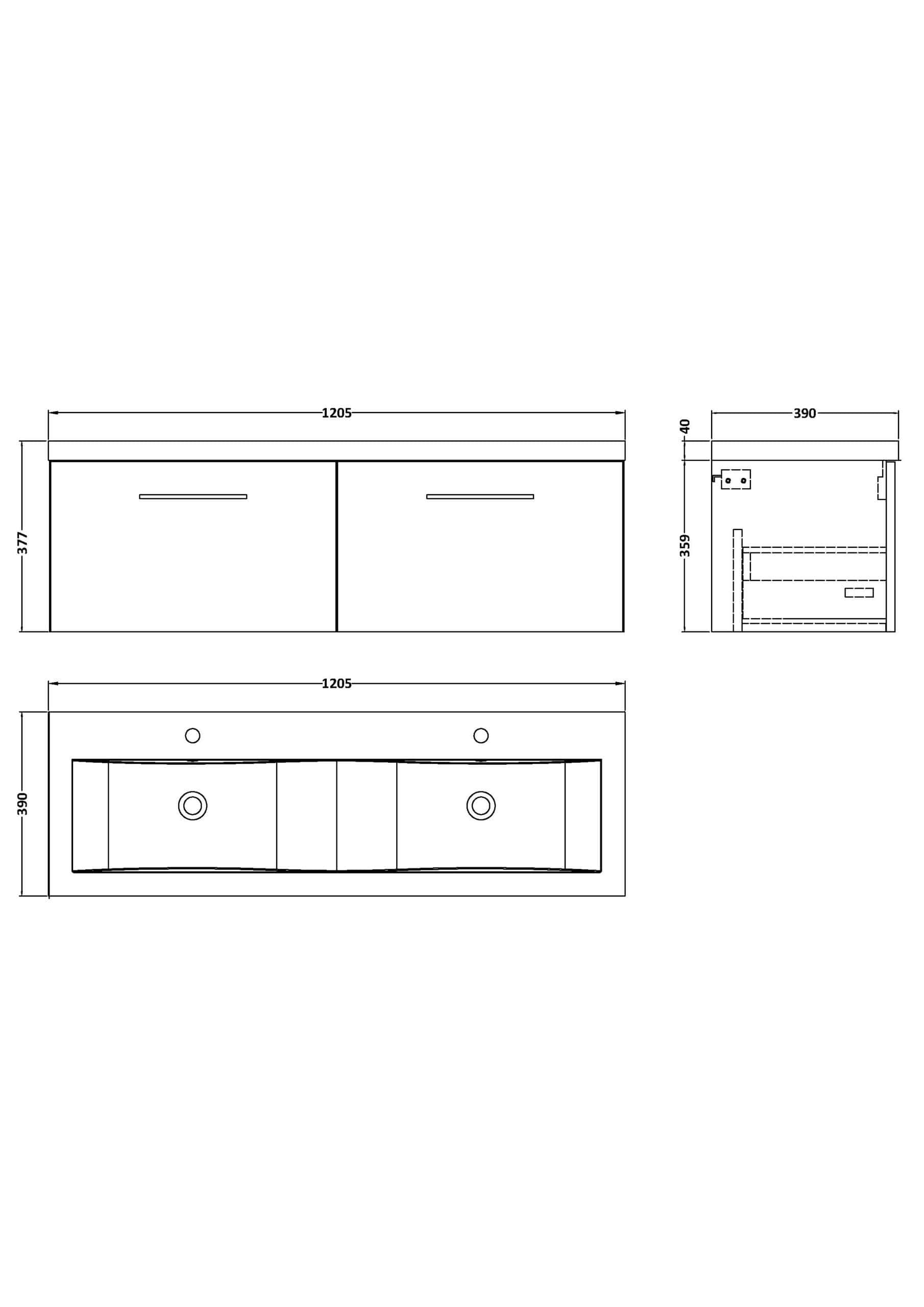 Modern double vanity bathroom unit with sleek drawers and ample storage, ideal for contemporary bathrooms. Dimensions: 1205mm wide, 377mm high, offering stylish and functional bathroom storage solutions.