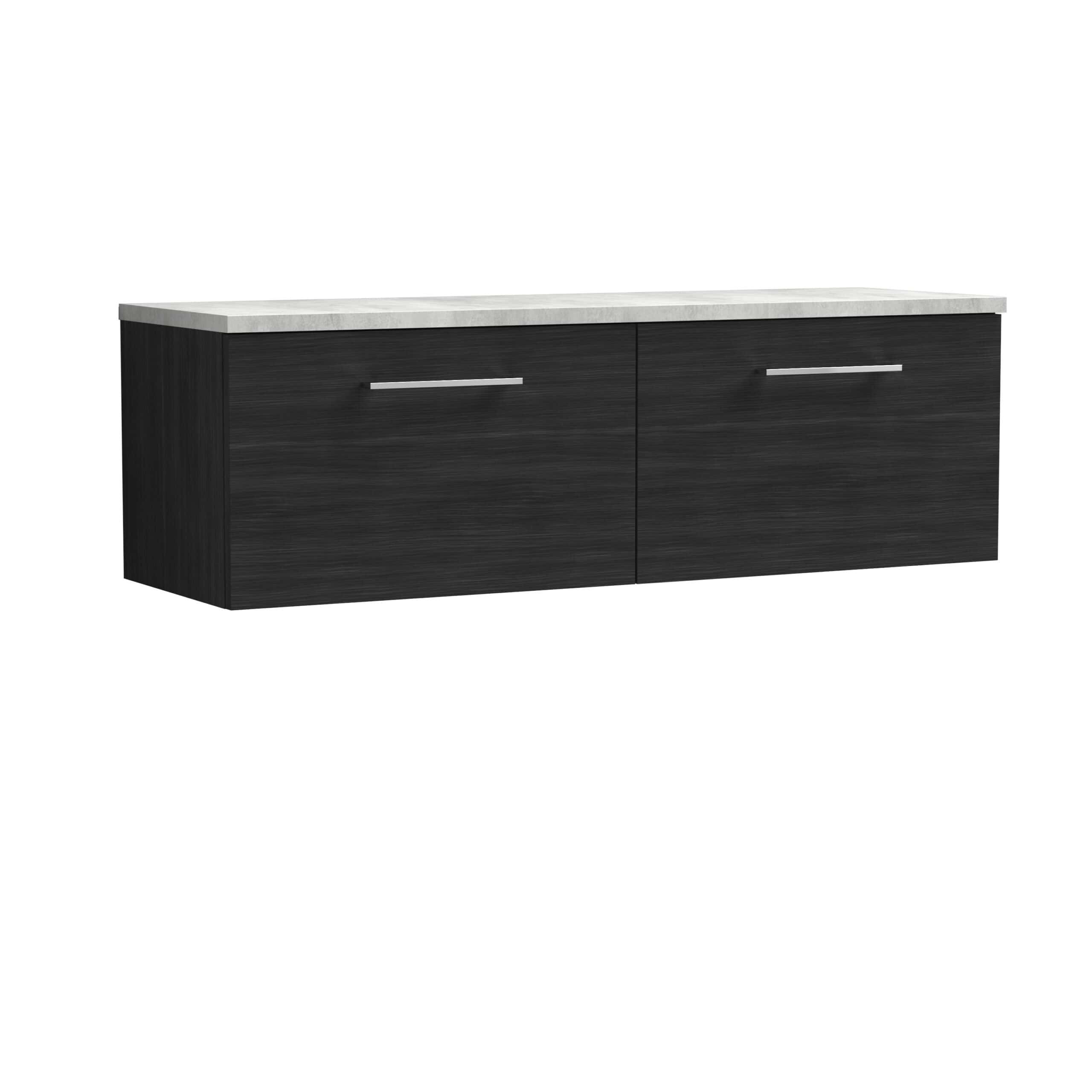 Sleek black bathroom vanity unit with a white marble top, modern chrome handles, ideal for contemporary bathroom designs. Ample storage space with two large drawers.