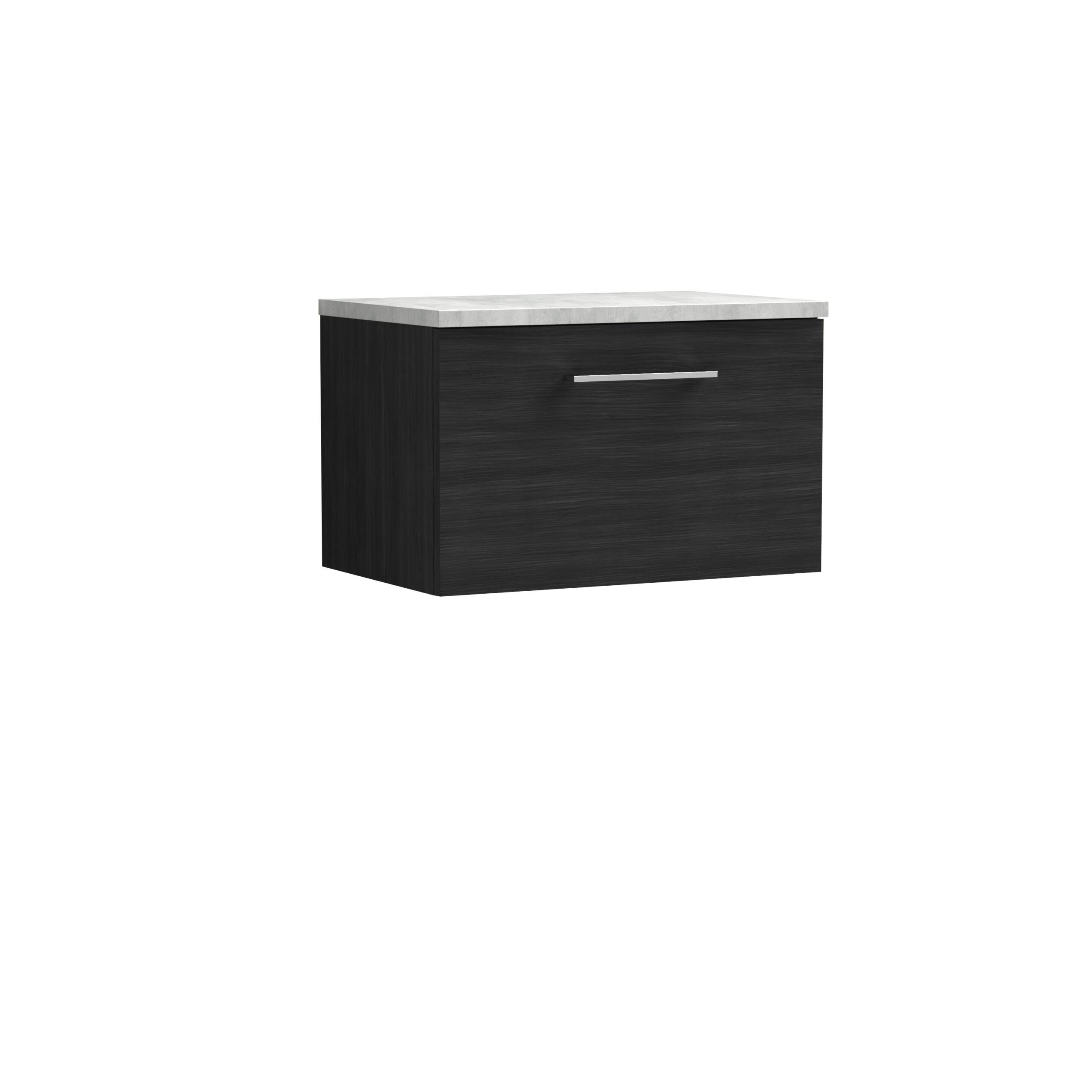 Sleek black bathroom vanity cabinet with a white marble top, contemporary design, and minimalist handle, ideal for modern bathroom storage solutions.