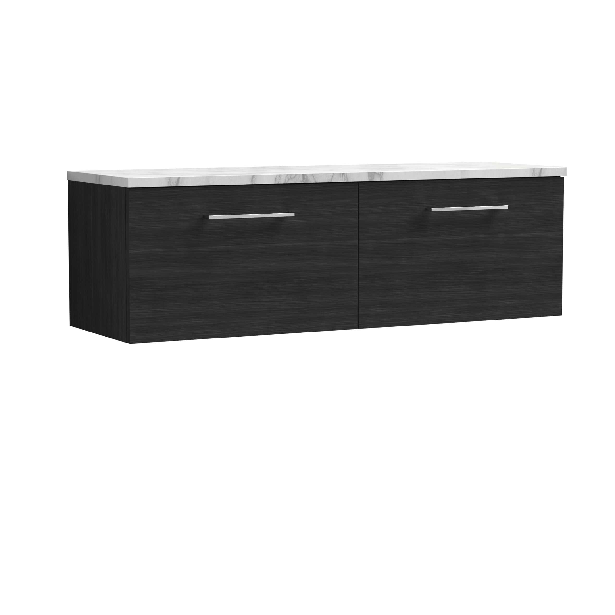 Sleek black bathroom vanity with marble countertop, modern handle design, ideal for contemporary bathrooms. Durable and stylish storage solution for bathroom essentials.