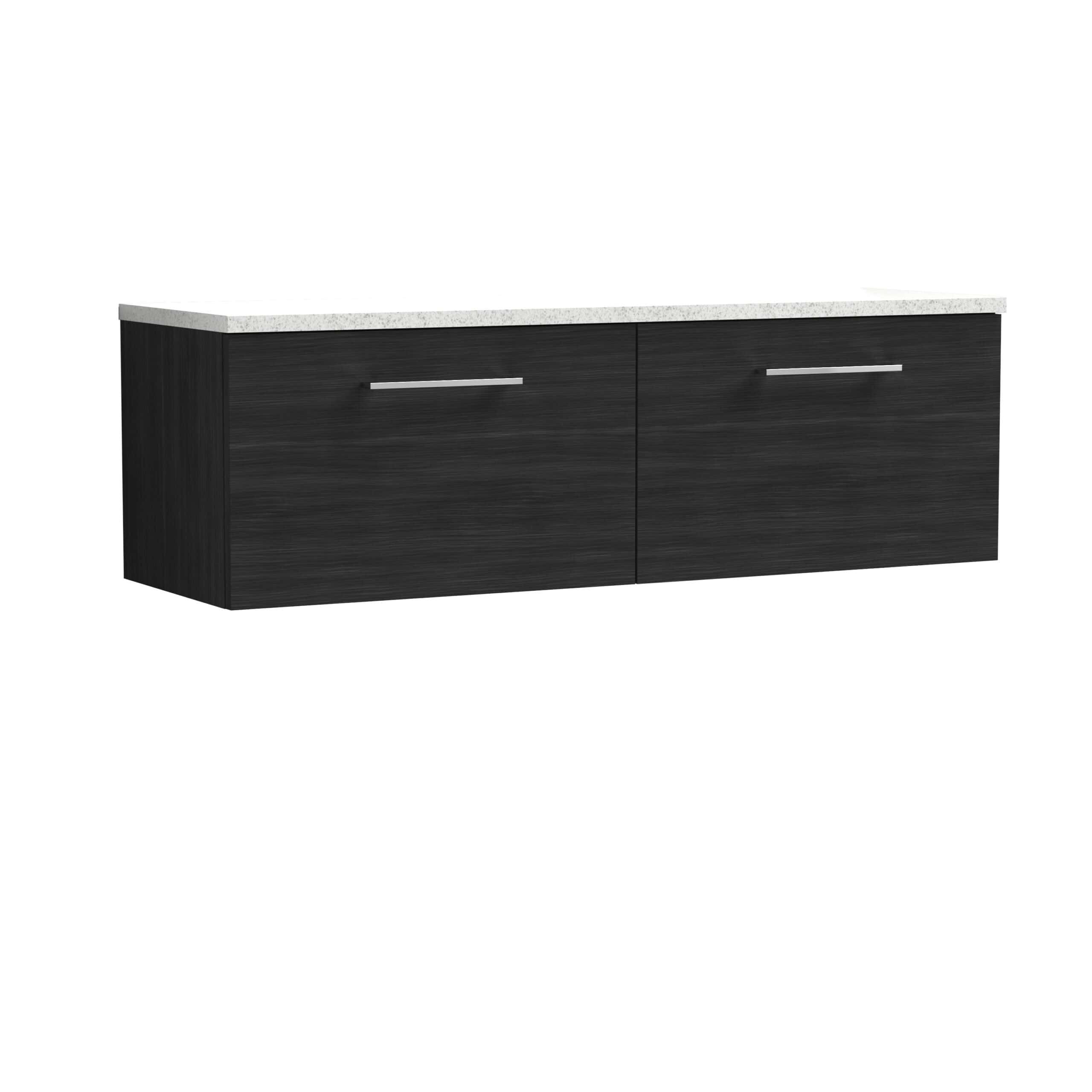 Modern black bathroom vanity unit with sleek stainless steel handles and a durable white countertop, ideal for contemporary bathroom designs.