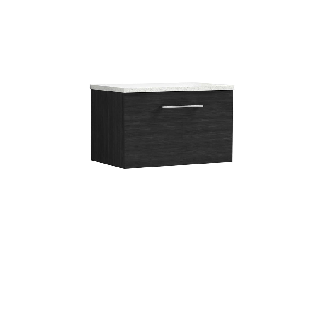 Sleek black bathroom vanity with white stone countertop, modern handle design, ideal for contemporary bathroom decor. Perfect for storing bathroom essentials with elegant style.