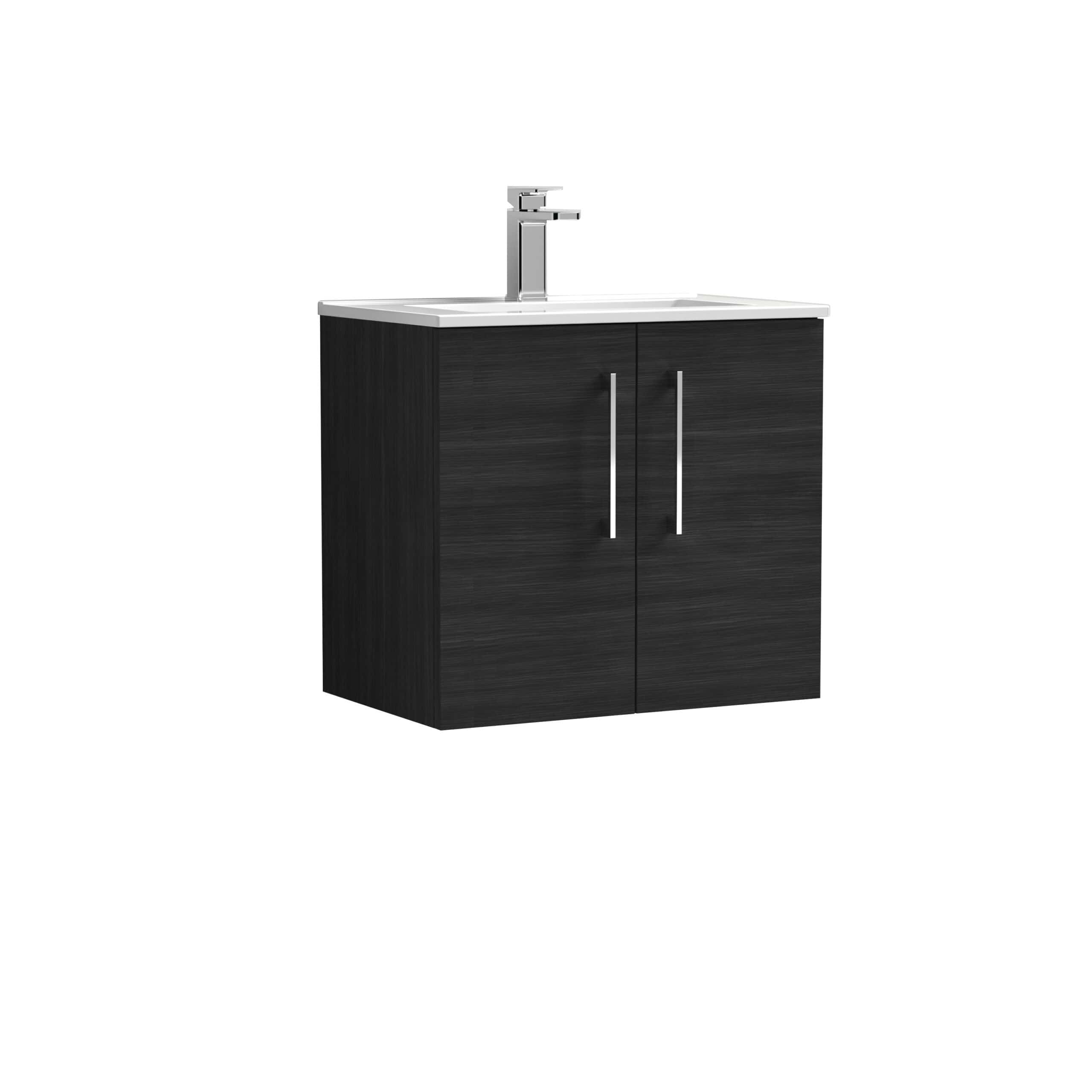 Modern black bathroom vanity with integrated sink and chrome faucet, ideal for stylish bathroom upgrades and space-saving storage solutions. Perfect for contemporary bathroom designs.