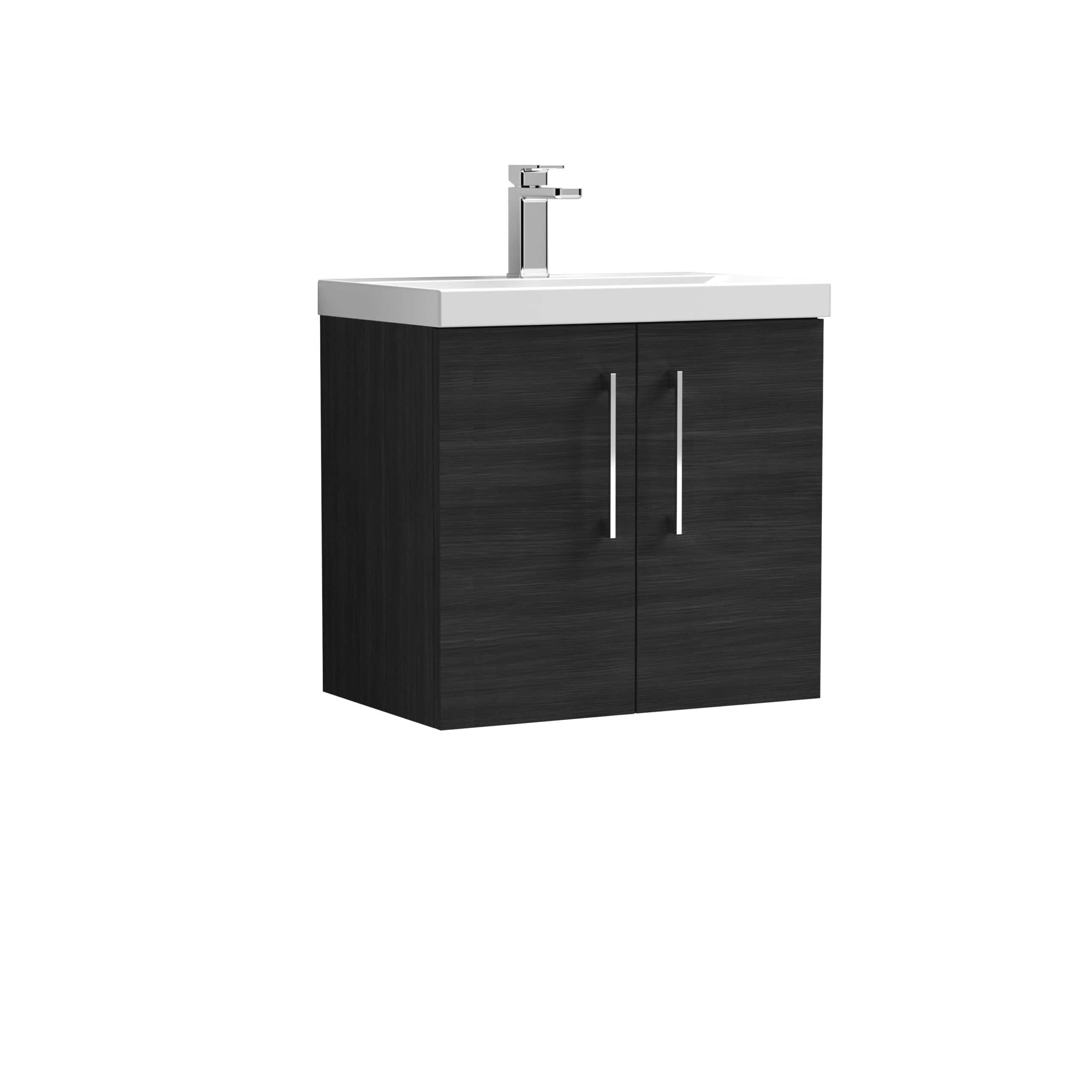Modern black bathroom vanity with white ceramic sink and chrome faucet, perfect for contemporary bathroom designs. Durable storage cabinet with sleek handles.