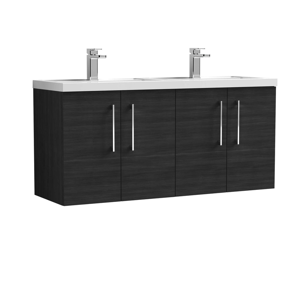 Modern black bathroom vanity with twin sinks and chrome faucets for contemporary bathroom design. Perfect for stylish, functional bathroom storage and organization.