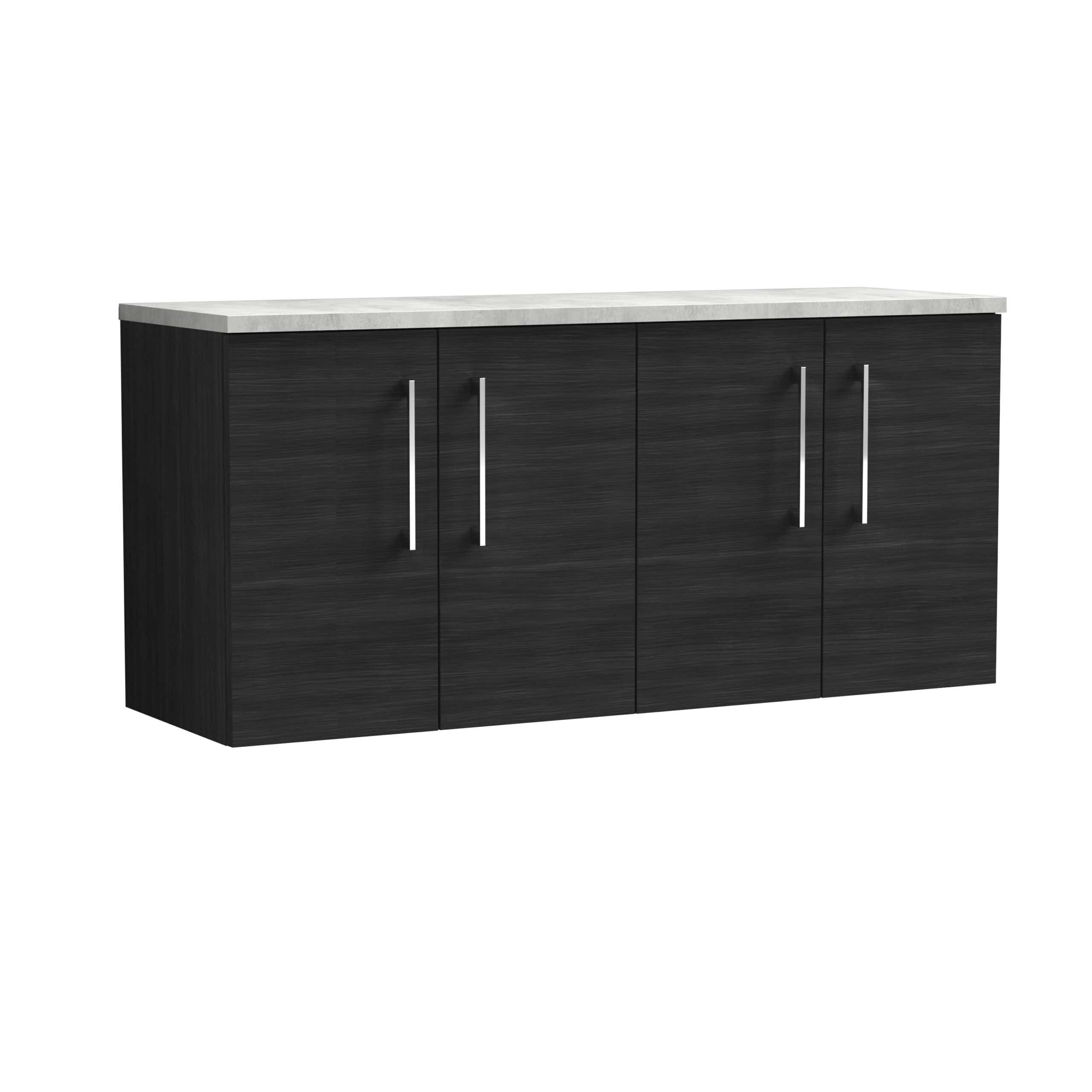 Sleek black bathroom vanity unit with a light grey marble top, featuring four doors with modern silver handles, ideal for bathroom storage and contemporary bathroom design.