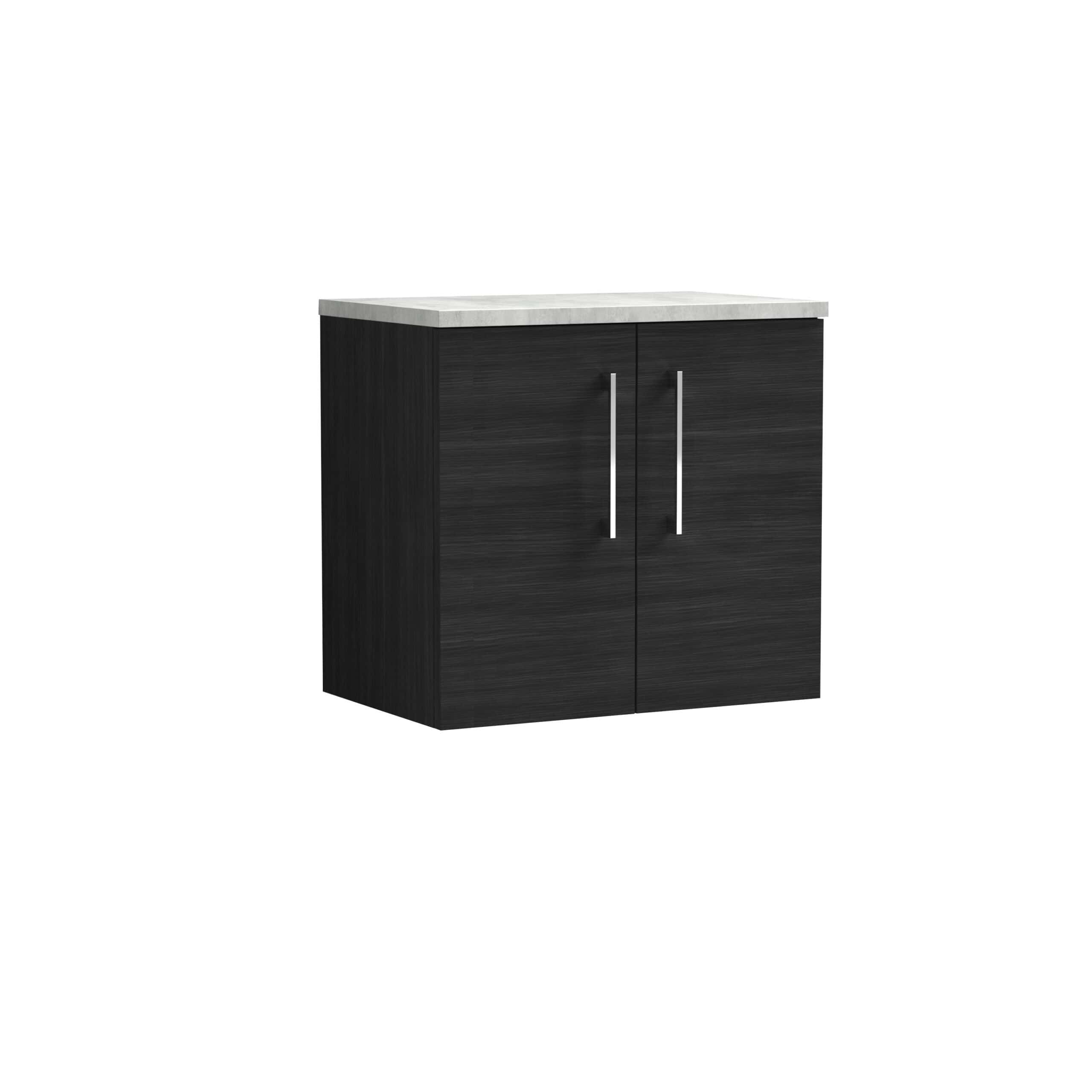 Modern black bathroom cabinet with a white marble top, sleek silver handles, ideal for stylish bathroom storage solutions.