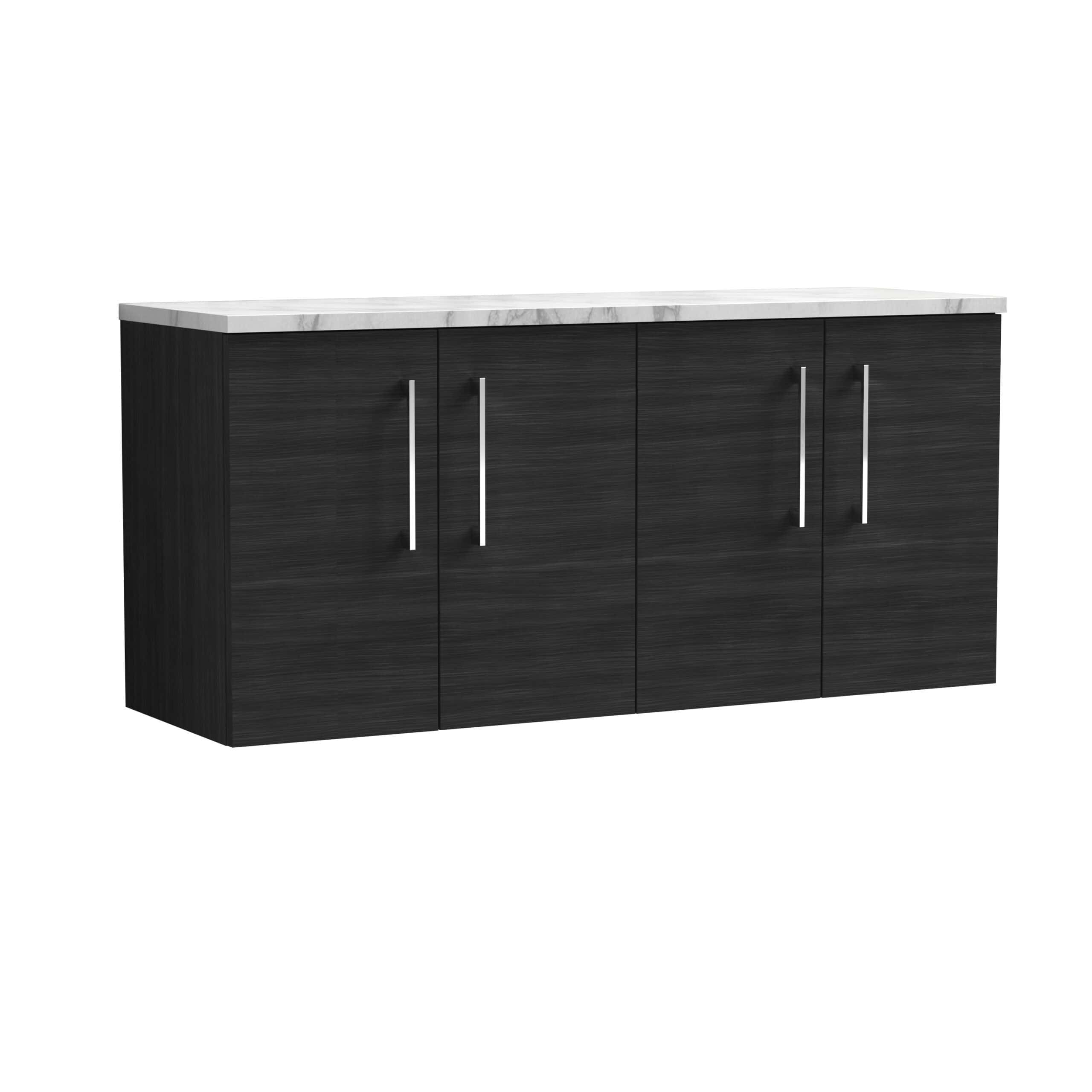 Modern black bathroom storage cabinet with marble top, sleek handles, ideal for contemporary bathroom designs and optimal organisation.