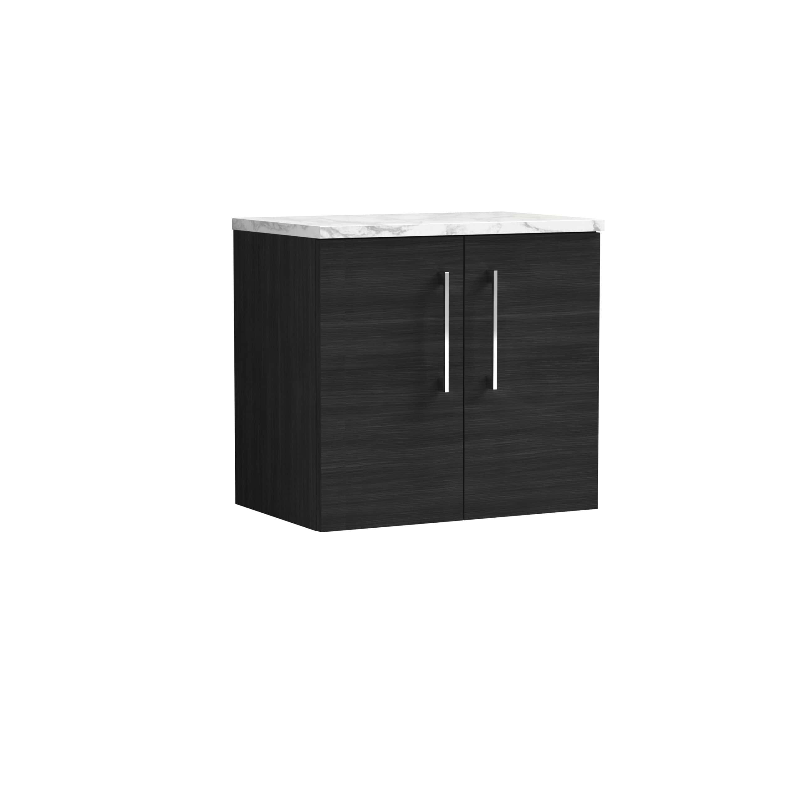 Sleek black bathroom vanity with a contrasting white marble top, modern chrome handles, ideal for contemporary bathroom designs.