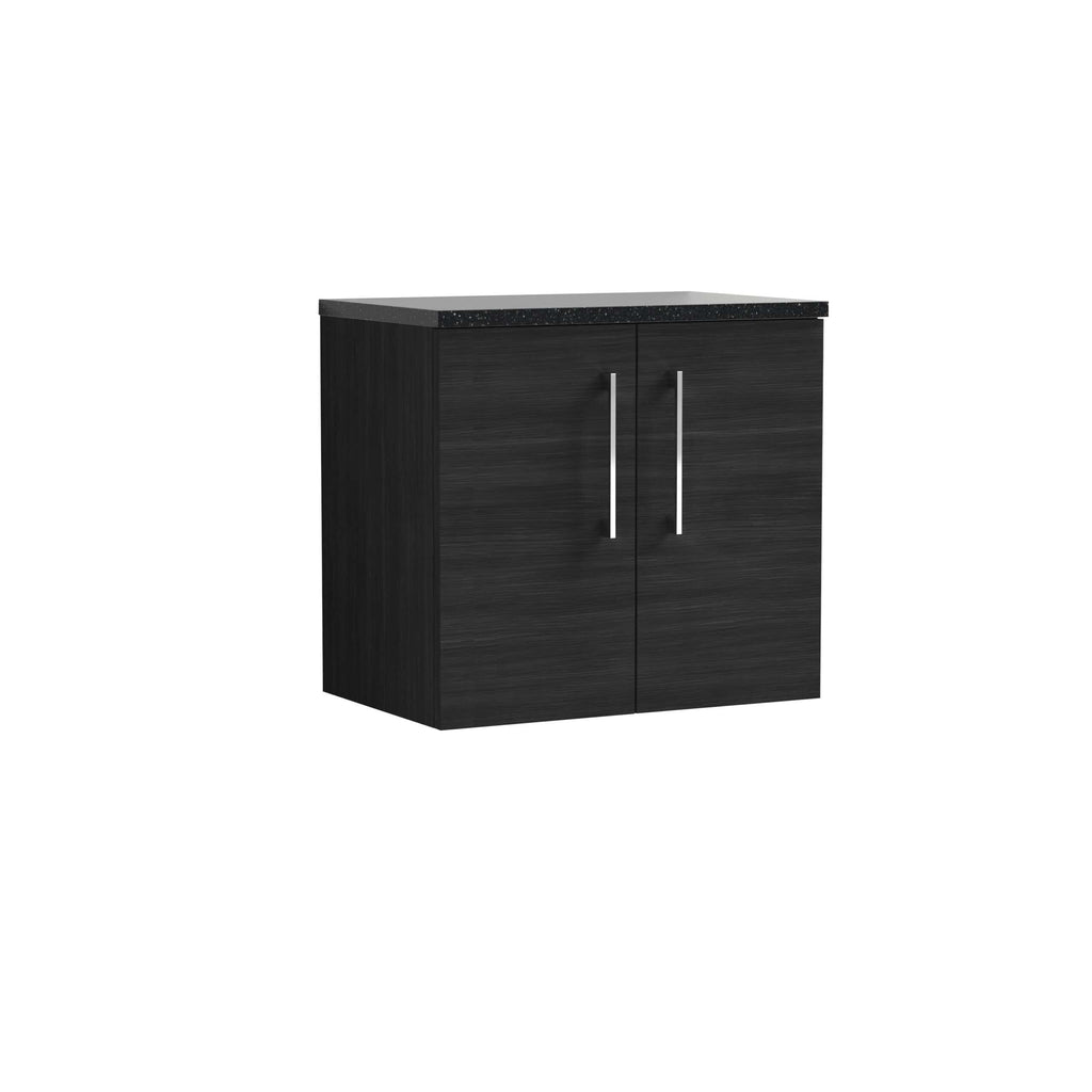 Modern black bathroom cabinet with sleek handles and a textured countertop, ideal for stylish bathroom storage solutions. Perfect for contemporary bathroom decor.