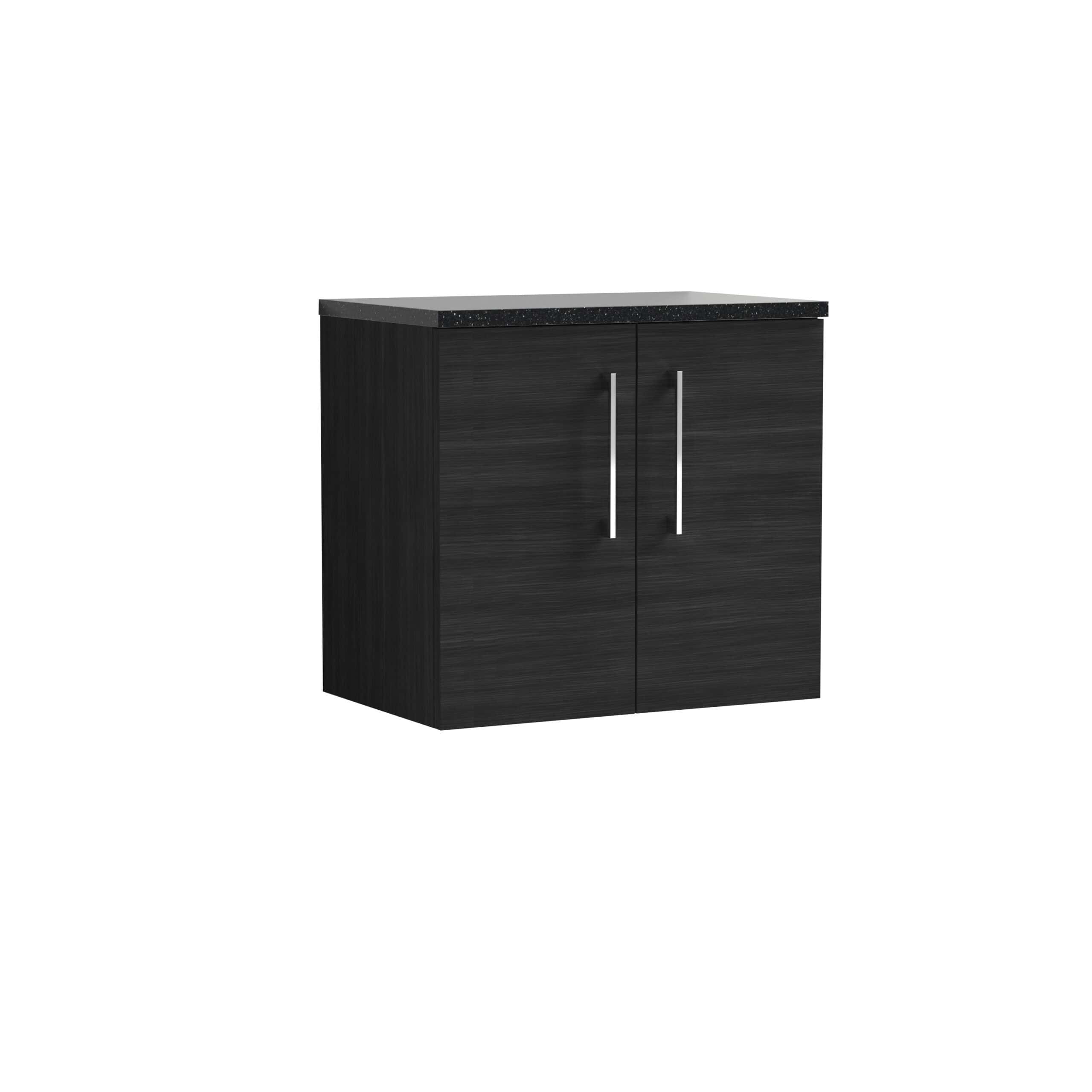 Modern black bathroom cabinet with sleek handles and a textured countertop, ideal for stylish bathroom storage solutions. Perfect for contemporary bathroom decor.