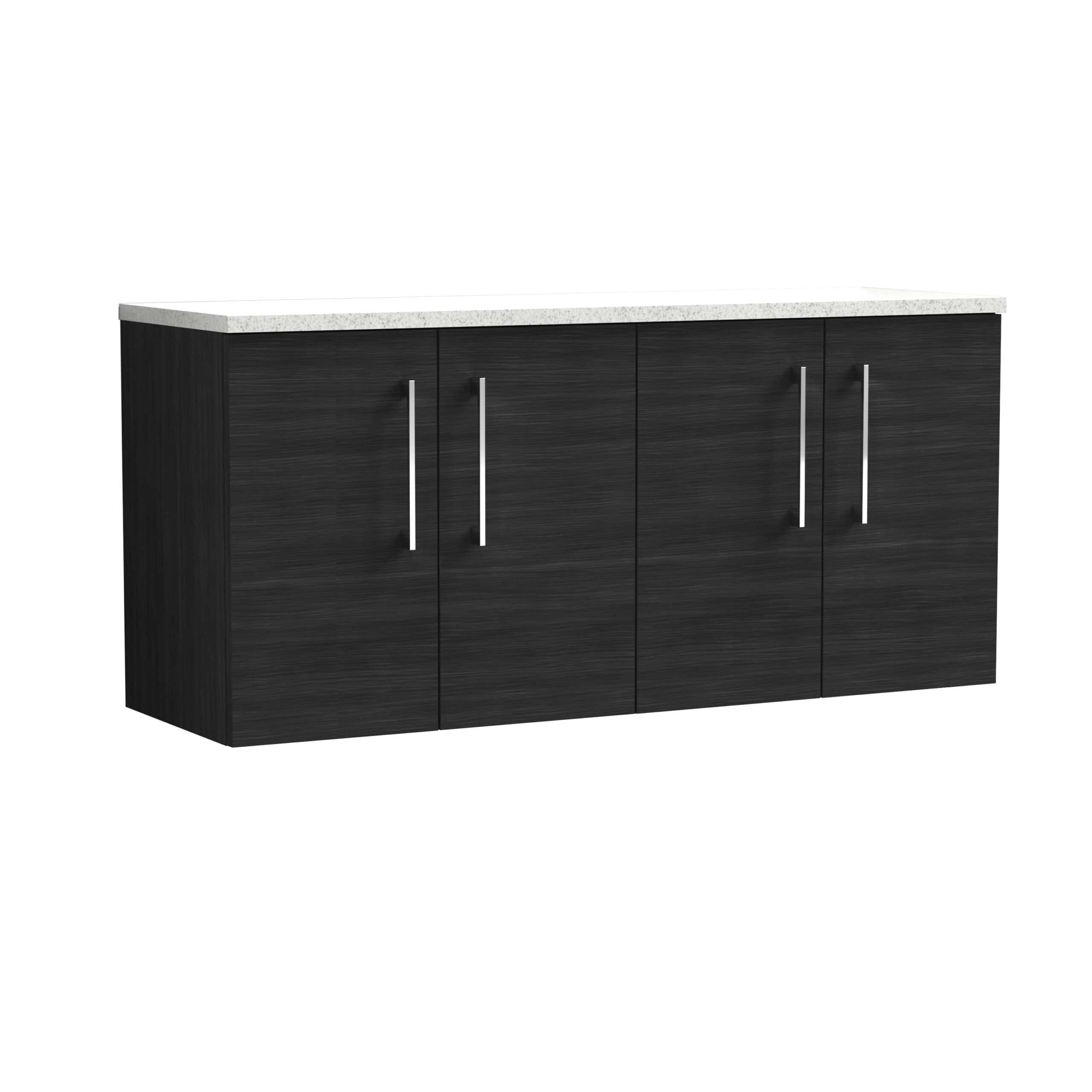 Stylish black bathroom cabinet with a white speckled countertop, featuring sleek metal handles for modern bathroom storage solutions. Perfect for contemporary bathroom interiors.