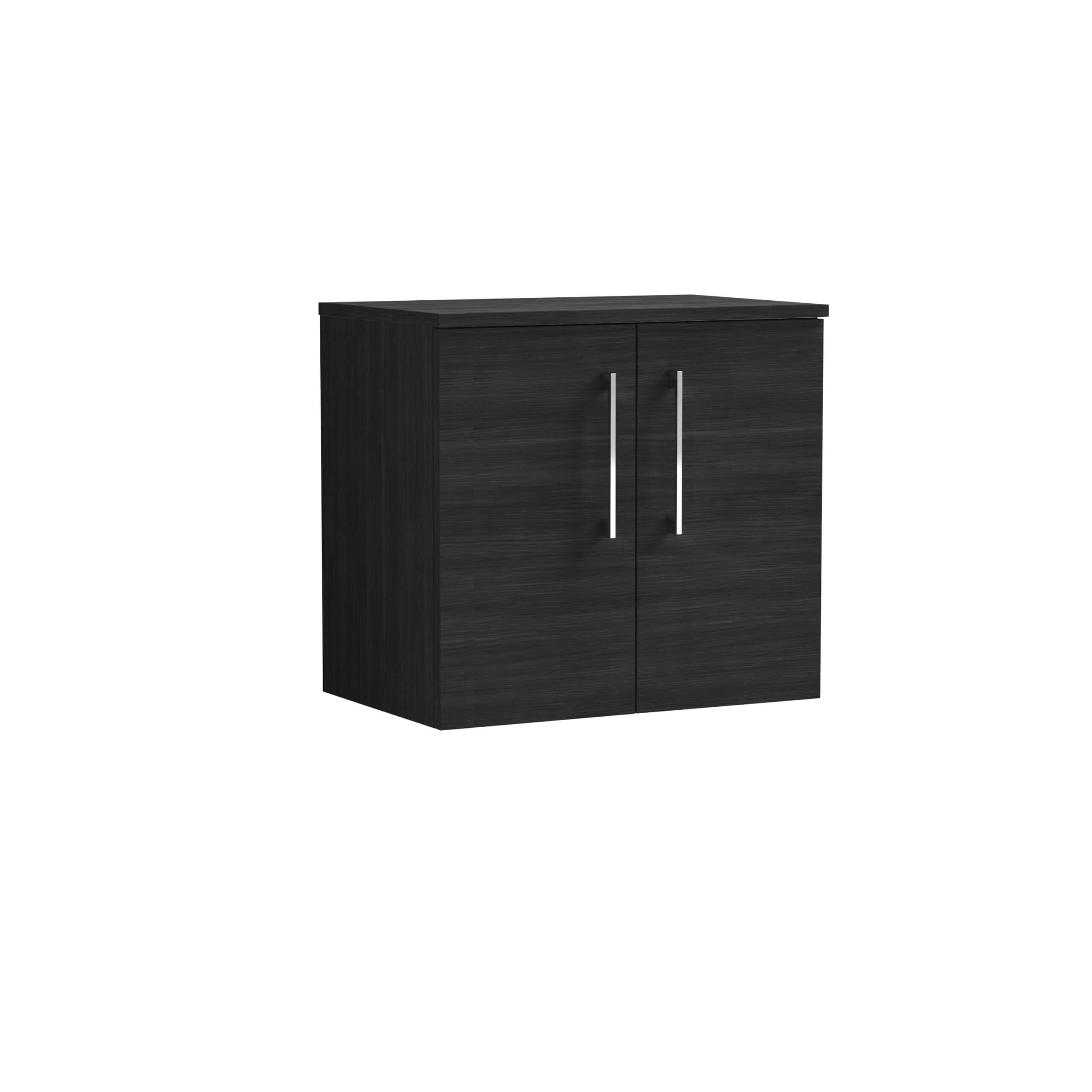 Black bathroom storage cabinet with two doors and modern silver handles, ideal for organising bathroom essentials and adding a sleek, contemporary look to your bathroom space.