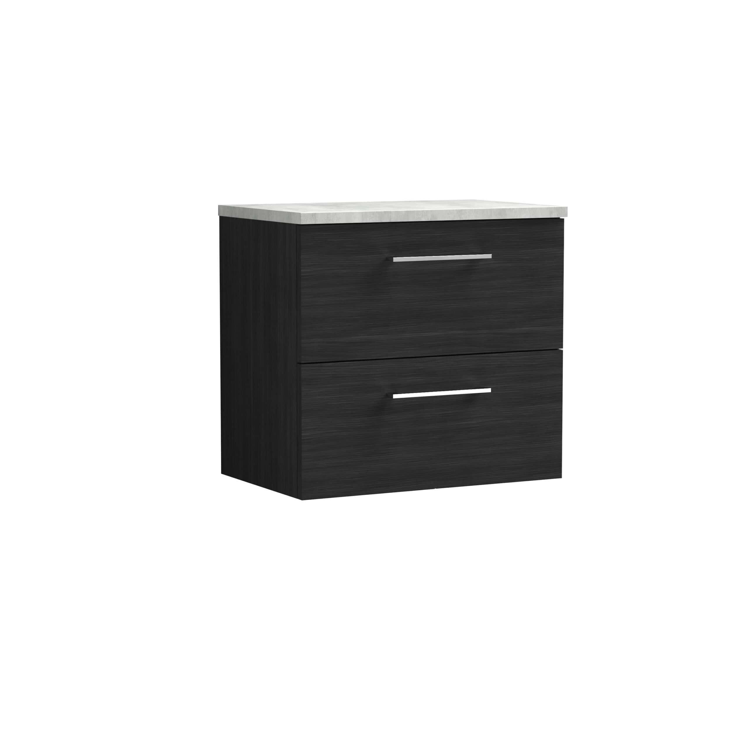 Stylish black bathroom vanity cabinet with a white marble countertop, featuring two drawers with sleek silver handles for modern bathroom storage solutions.
