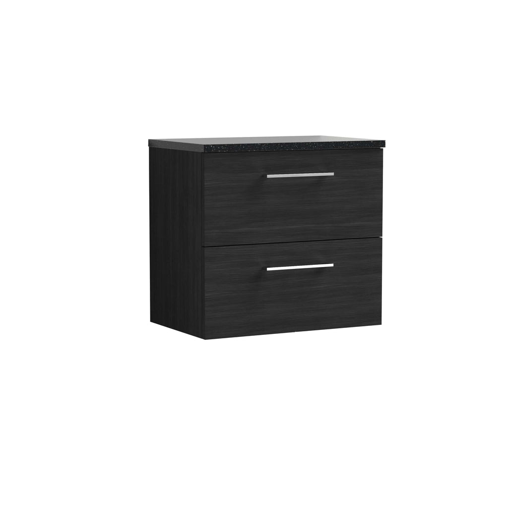 Modern black bathroom vanity unit with two drawers and a sleek, minimalist design, featuring a black countertop, ideal for contemporary bathroom decor.