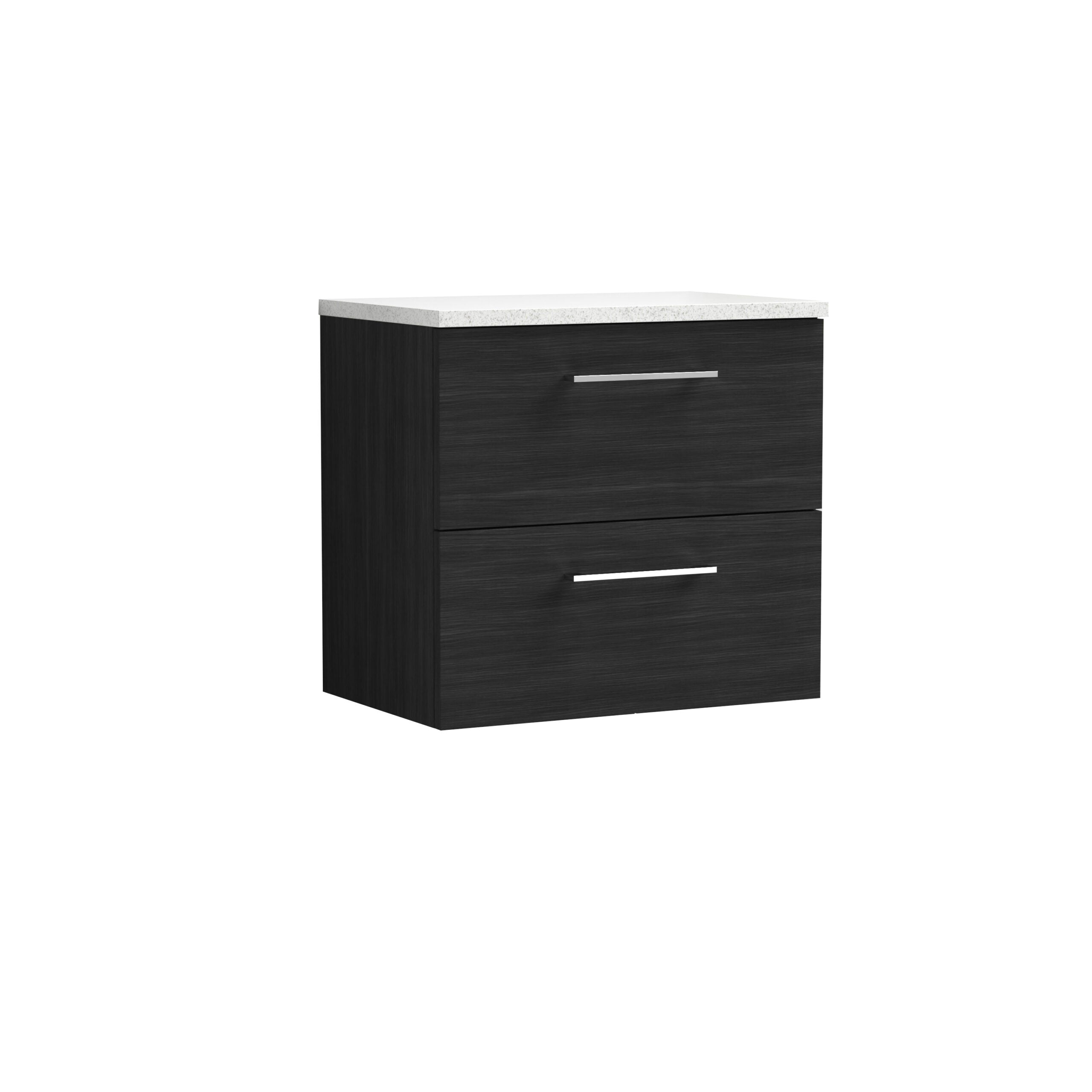 Modern black bathroom vanity with white marble top, sleek drawers with contemporary metal handles, ideal for stylish bathroom storage, from Bubly Bathrooms.
