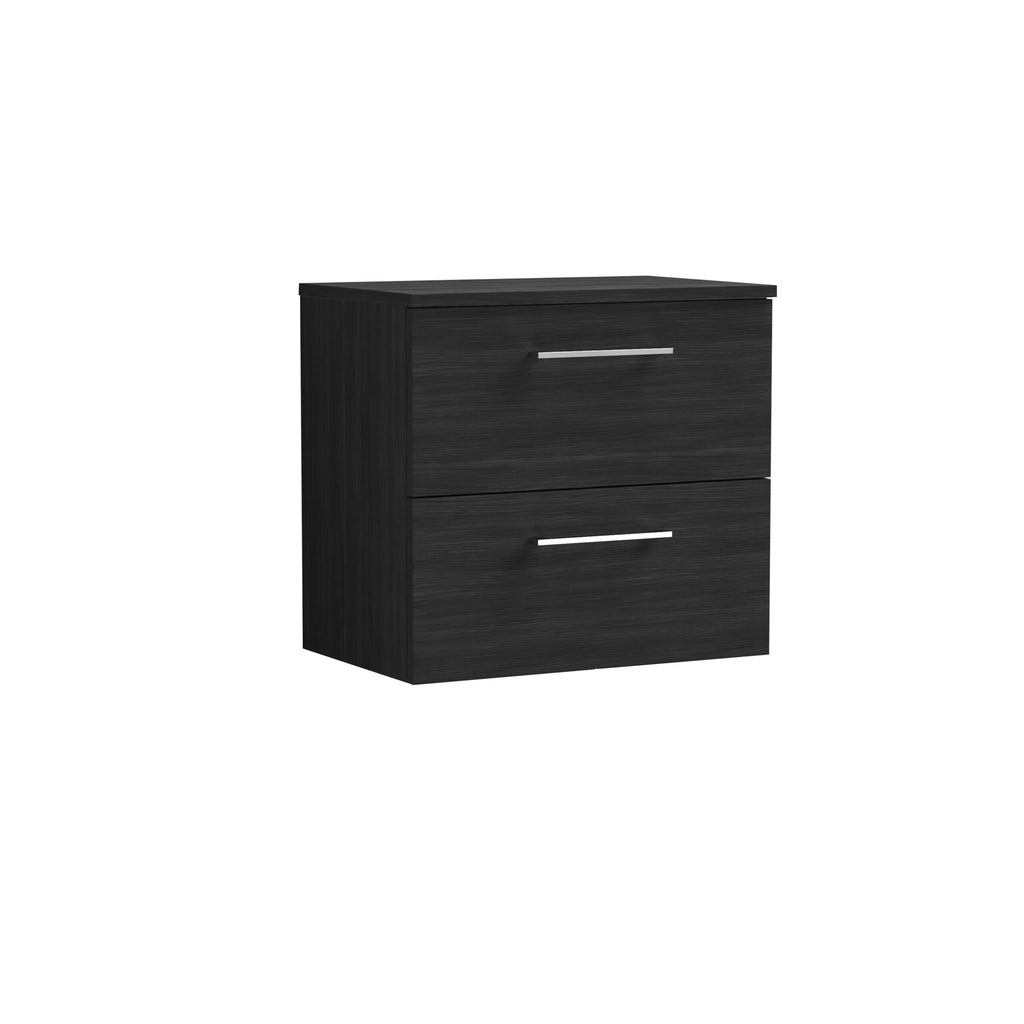 Dark grey bathroom storage cabinet with two drawers, modern design, sleek metal handles, ideal for bathroom organisation and storage solutions.